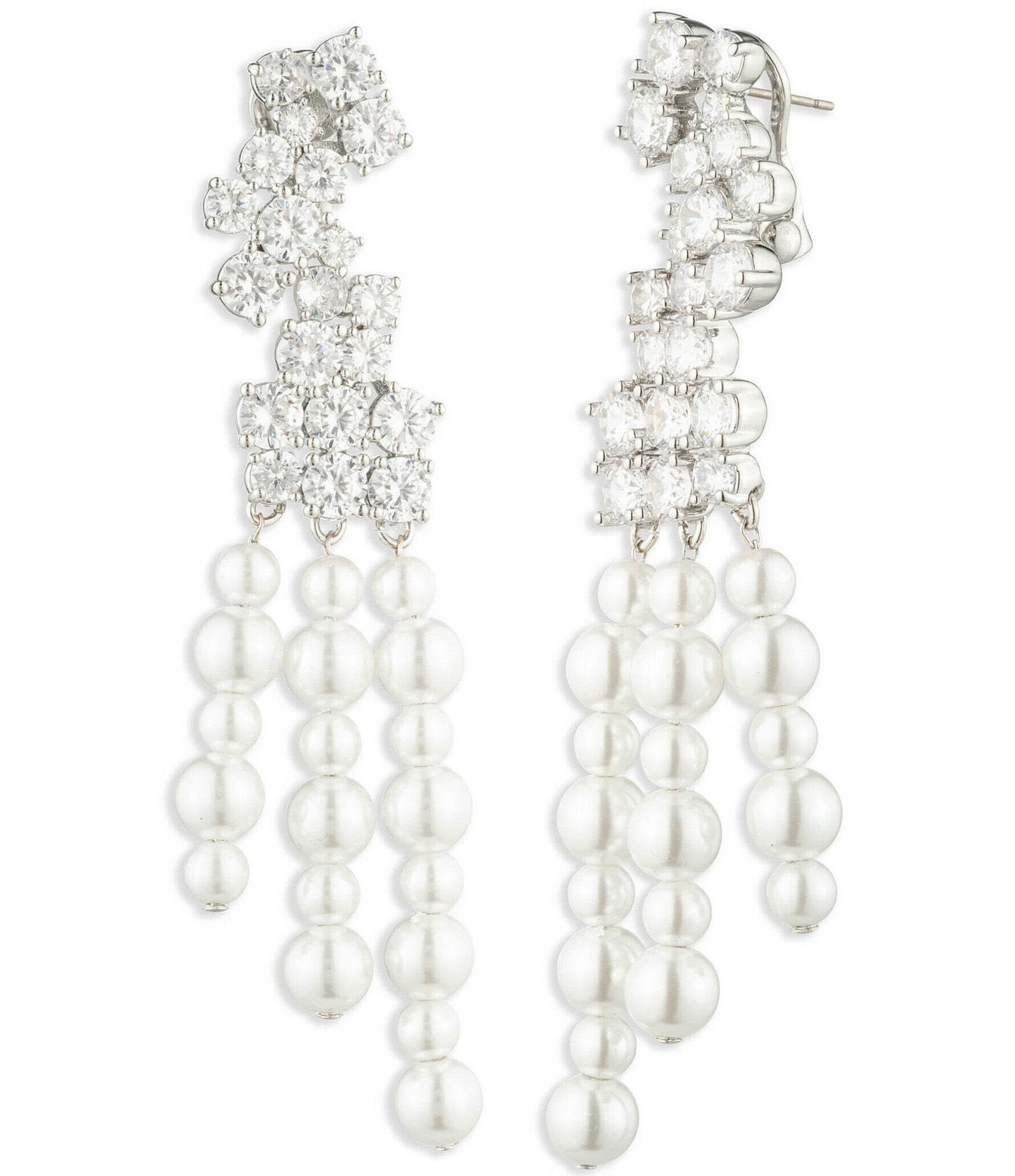 Givenchy Silver Tone Crystal White Pearl Statement Chandelier Earrings