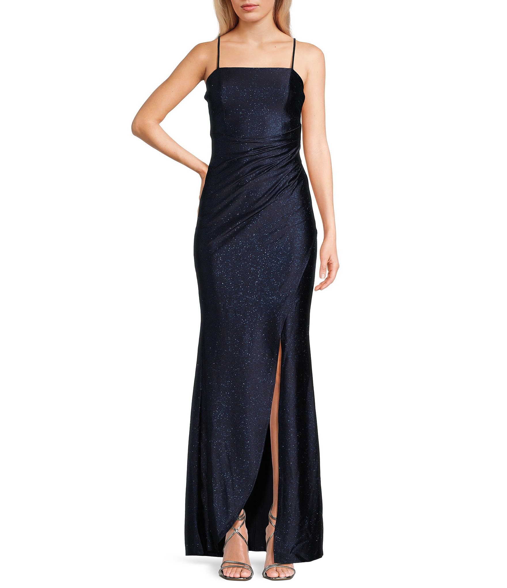 Honey and Rosie Glitter Pleated Side Slit Long Dress | Dillard's