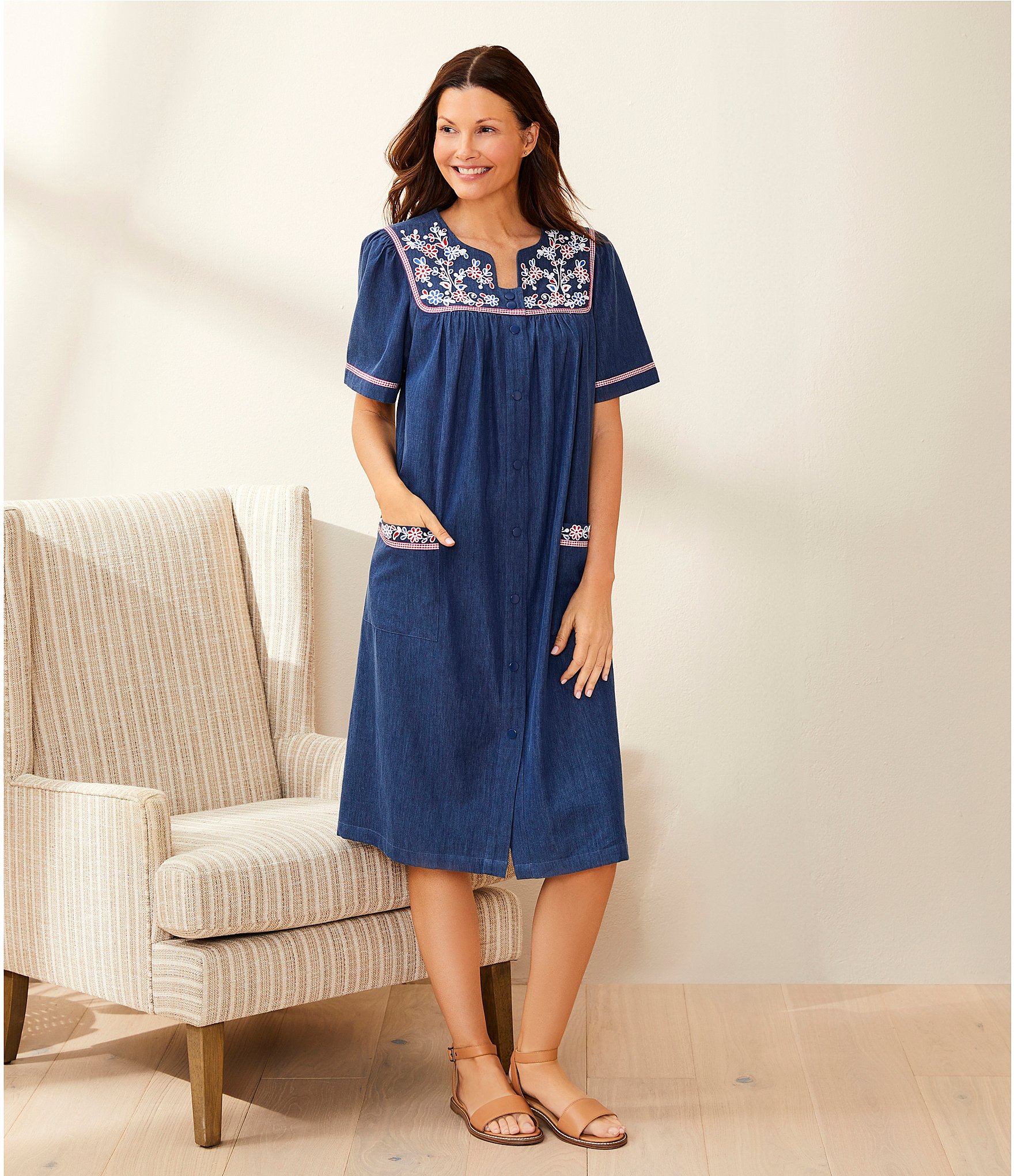 Go Softly Embroidered Floral Short Sleeve Snap-Front Denim Patio Dress