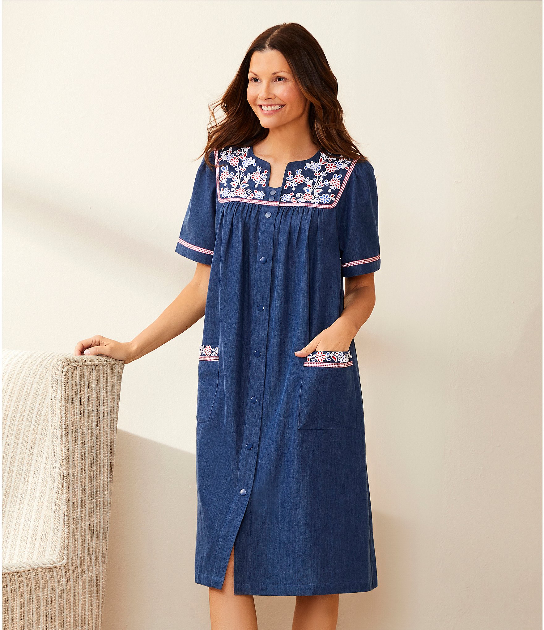 Go Softly Embroidered Floral Short Sleeve Snap-Front Denim Patio Dress