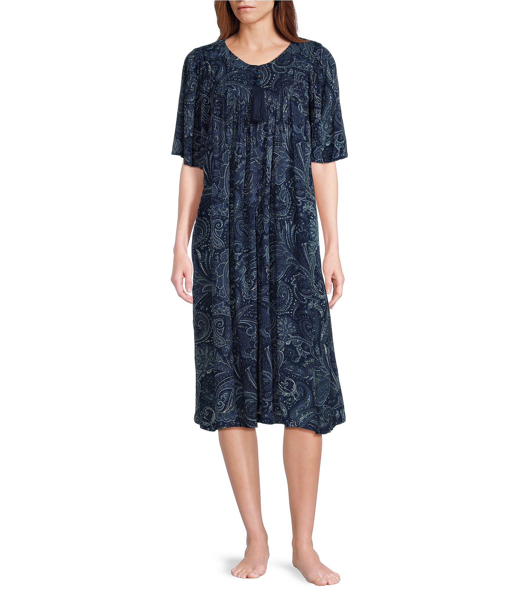 Go Softly Paisley Short Sleeve V-Neck Zip-Front Crinkle Patio Dress