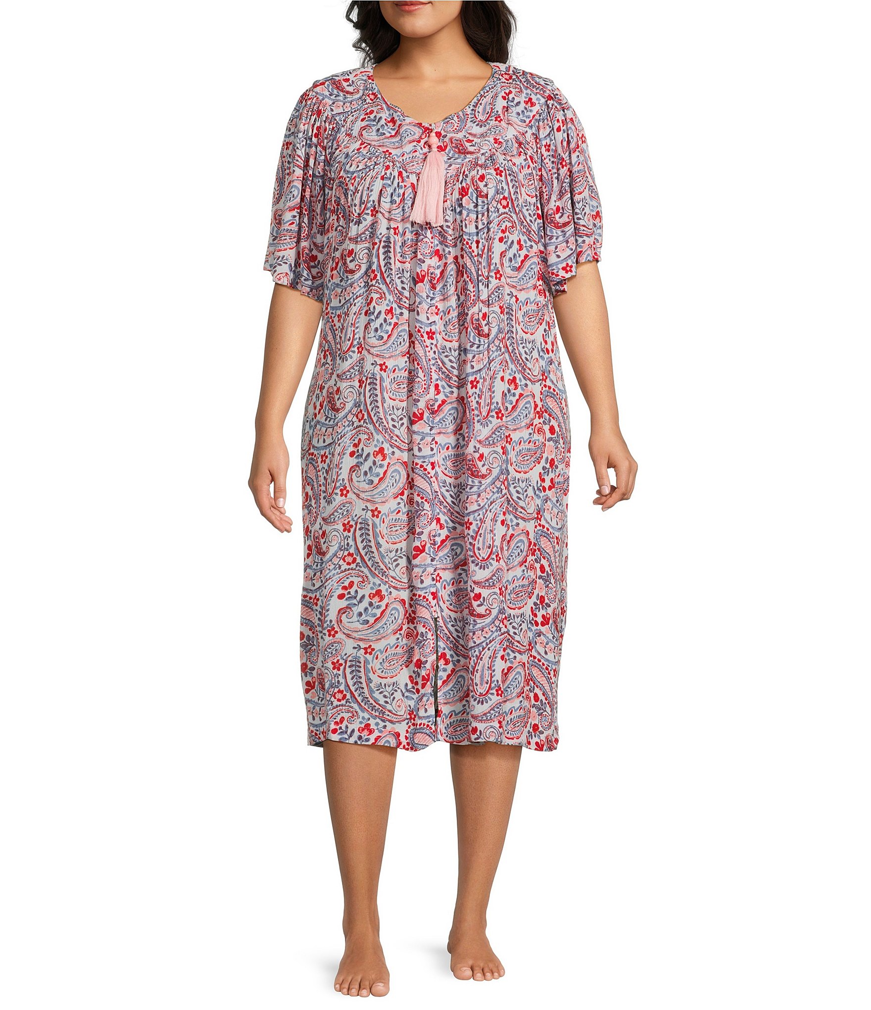 Go Softly Plus Size Paisley Short Sleeve V-Neck Zip-Front Crinkle Patio Dress