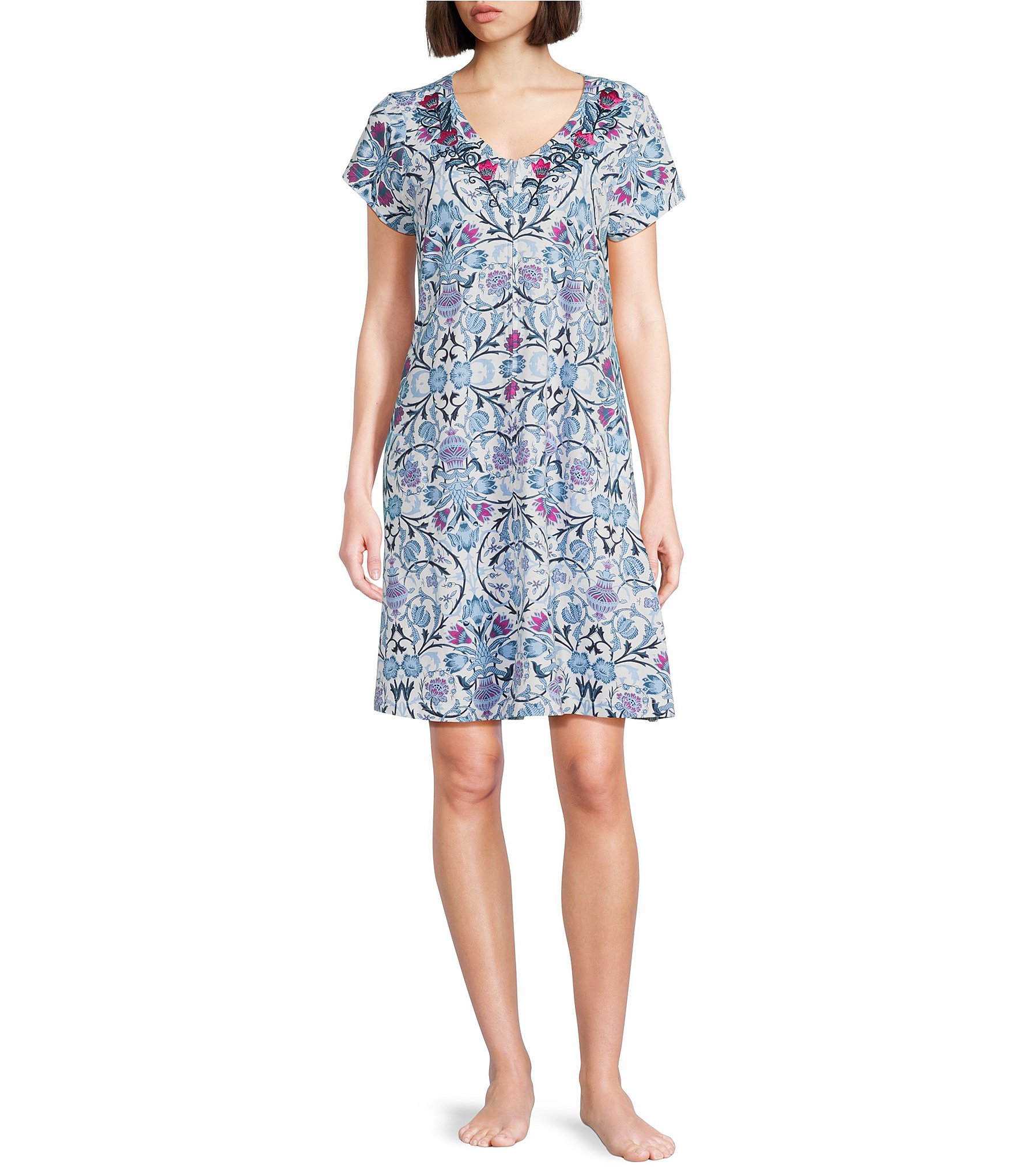 Go Softly Tile Print Short Sleeve V-Neck Zip-Front Patio Dress