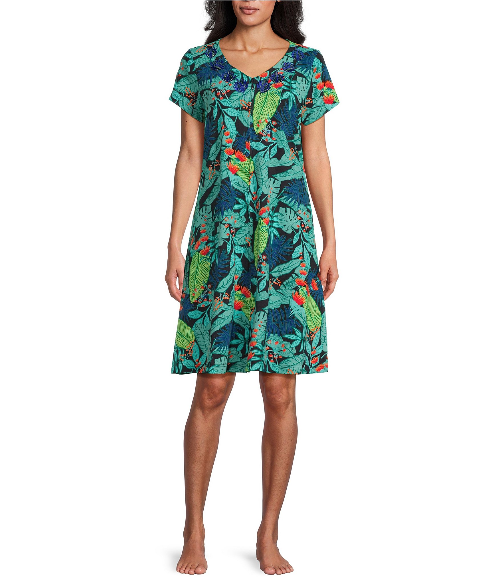 Go Softly Tropical Palm Print Short Sleeve V-Neck Zip-Front Patio Dress