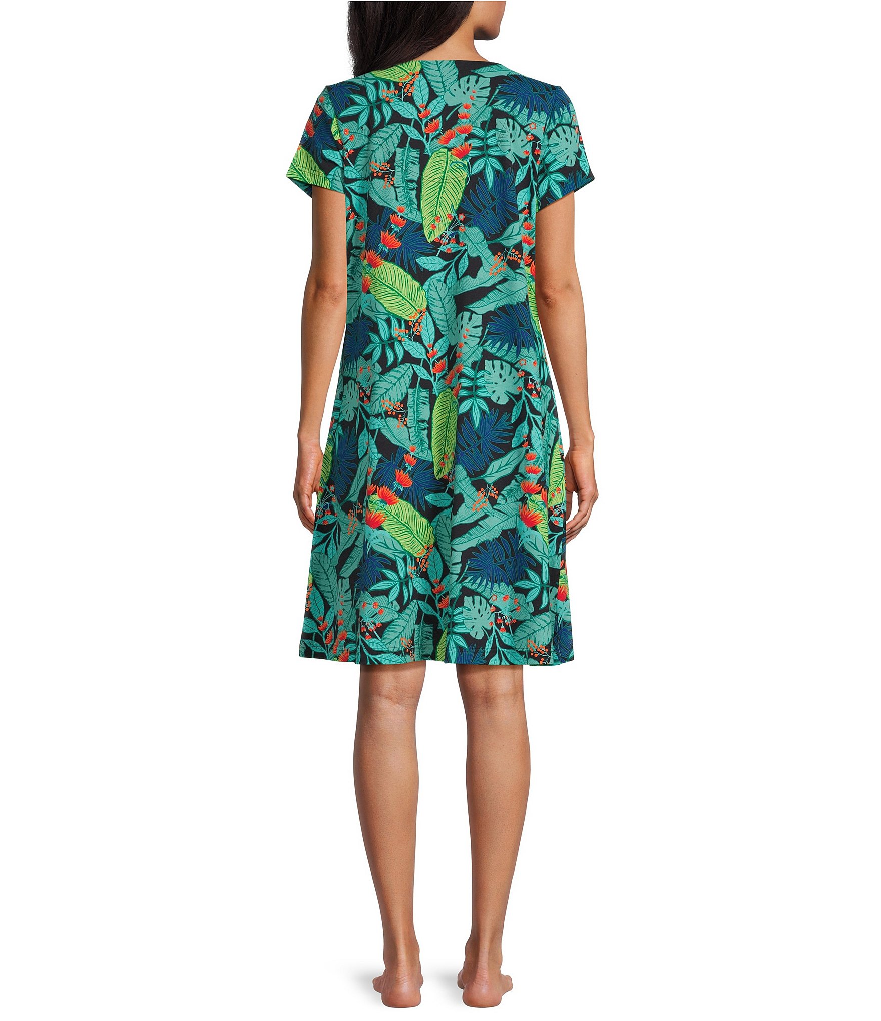 Go Softly Tropical Palm Print Short Sleeve V-Neck Zip-Front Patio Dress