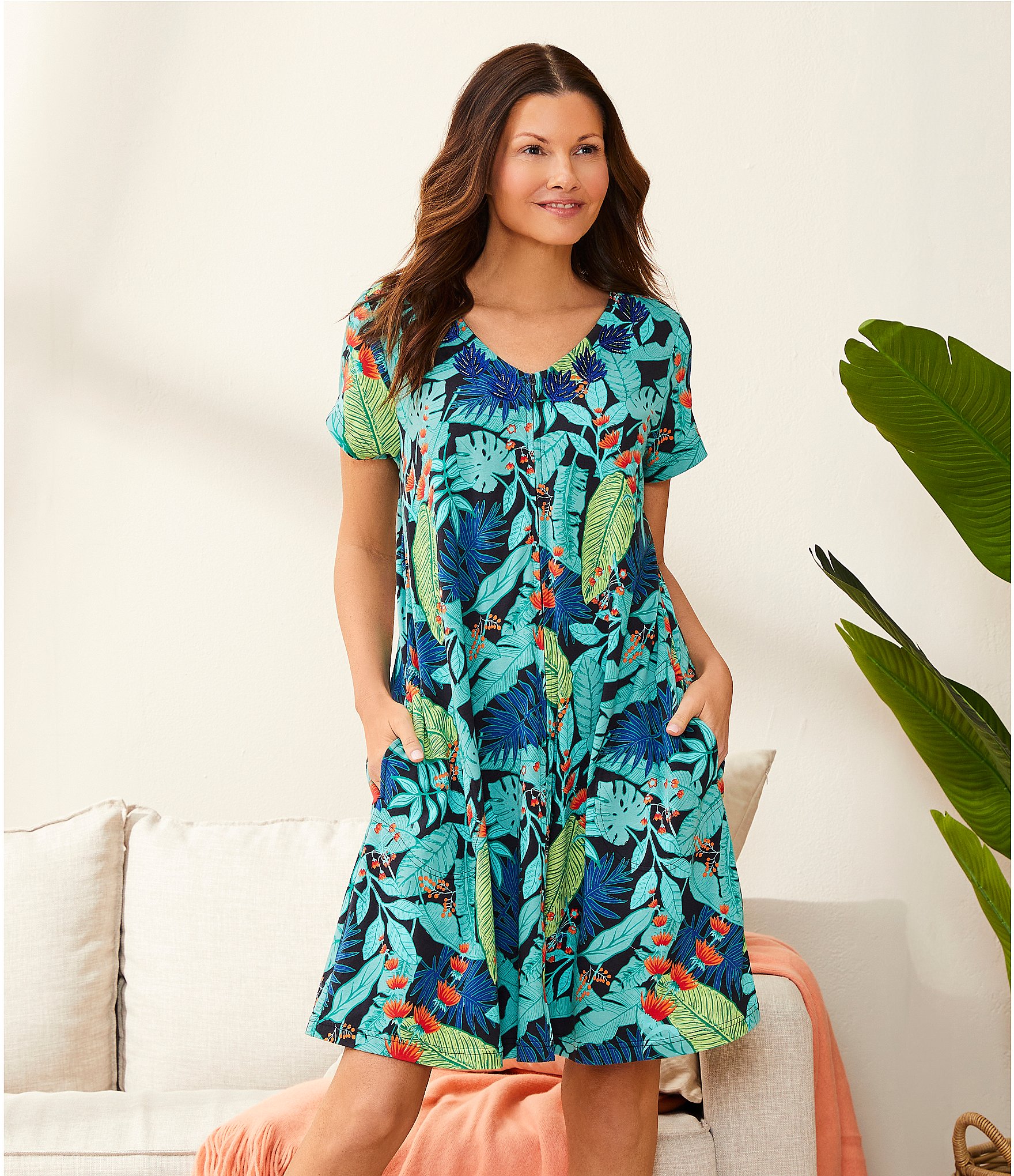 Go Softly Tropical Palm Print Short Sleeve V-Neck Zip-Front Patio Dress