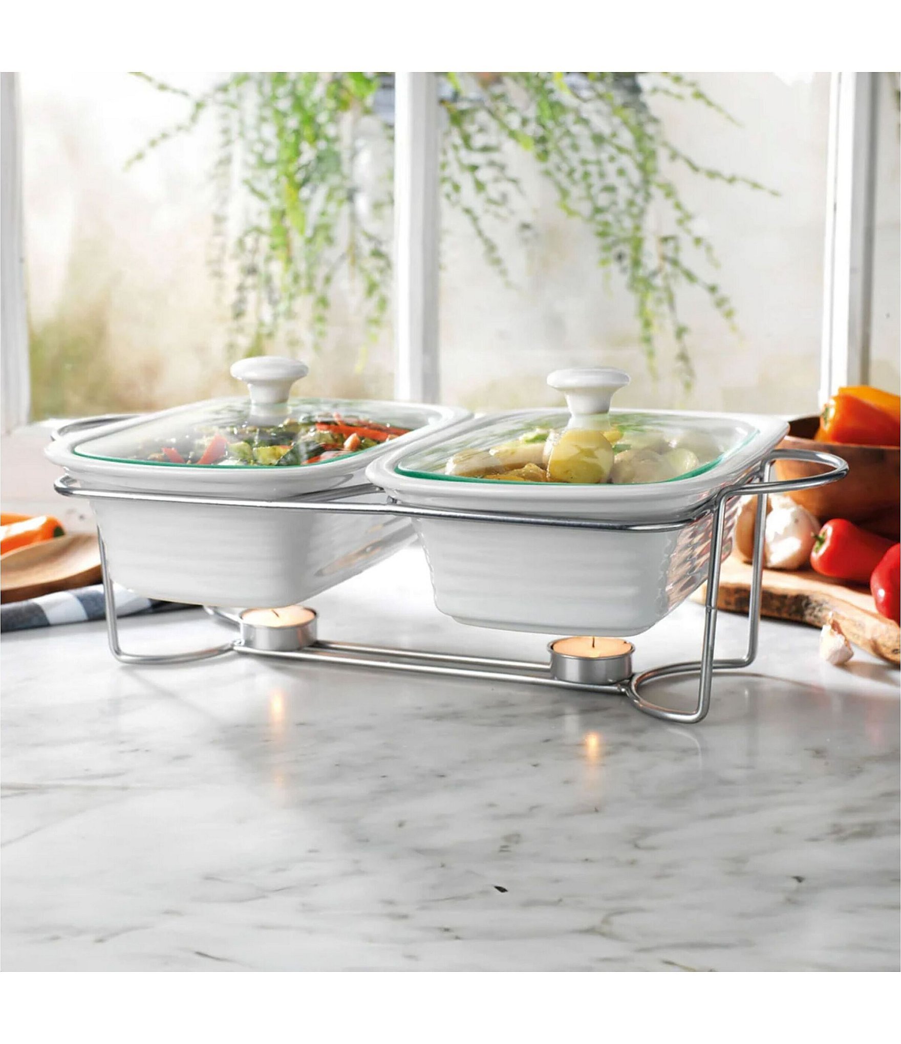 Godinger 3 Quart Double Baker with Stand and Warming Tea Light Holder