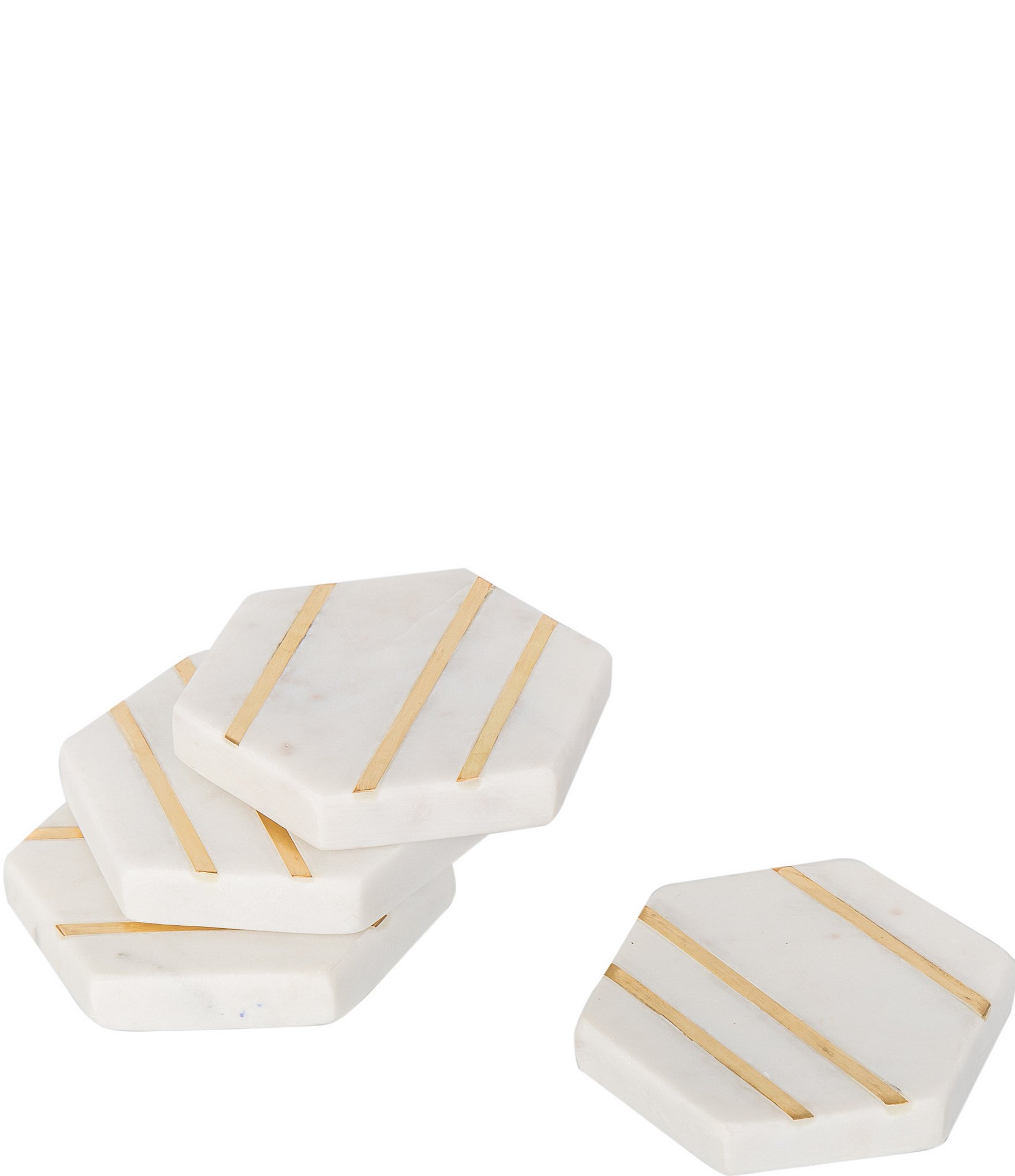 Set of 4 White Marble & Brass Inlay Coasters
