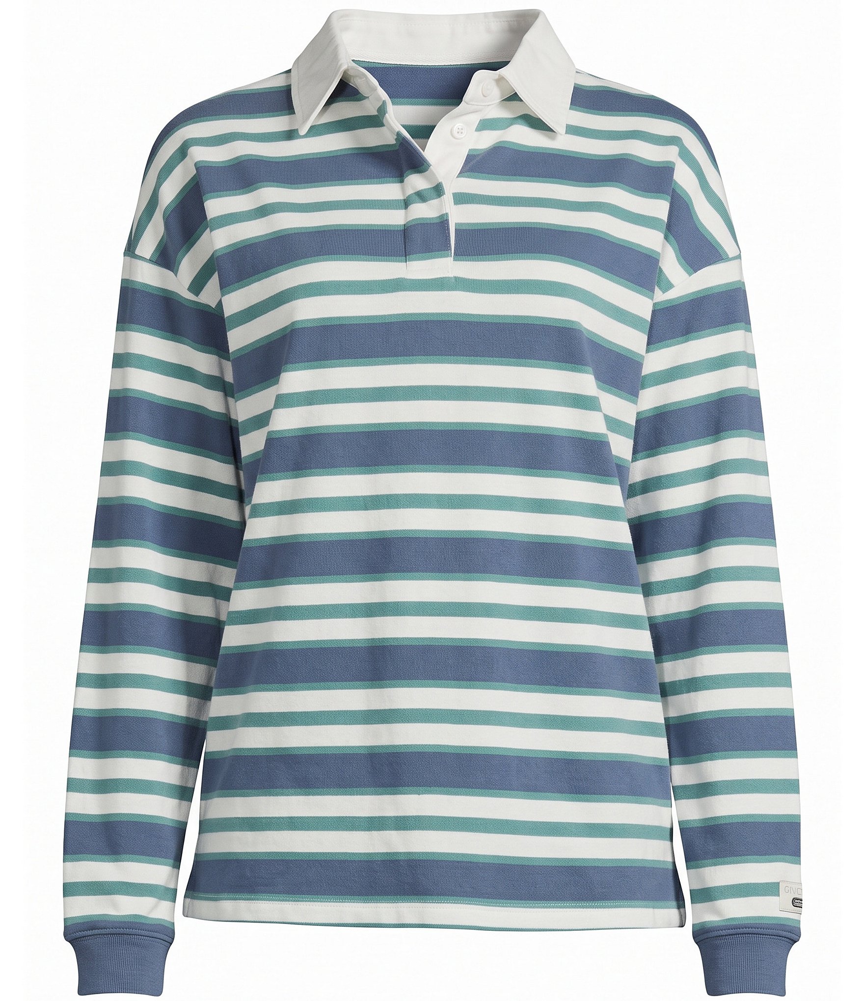 GOLD HINGE Double Striped Rugby Collared Neck Long Sleeve Top