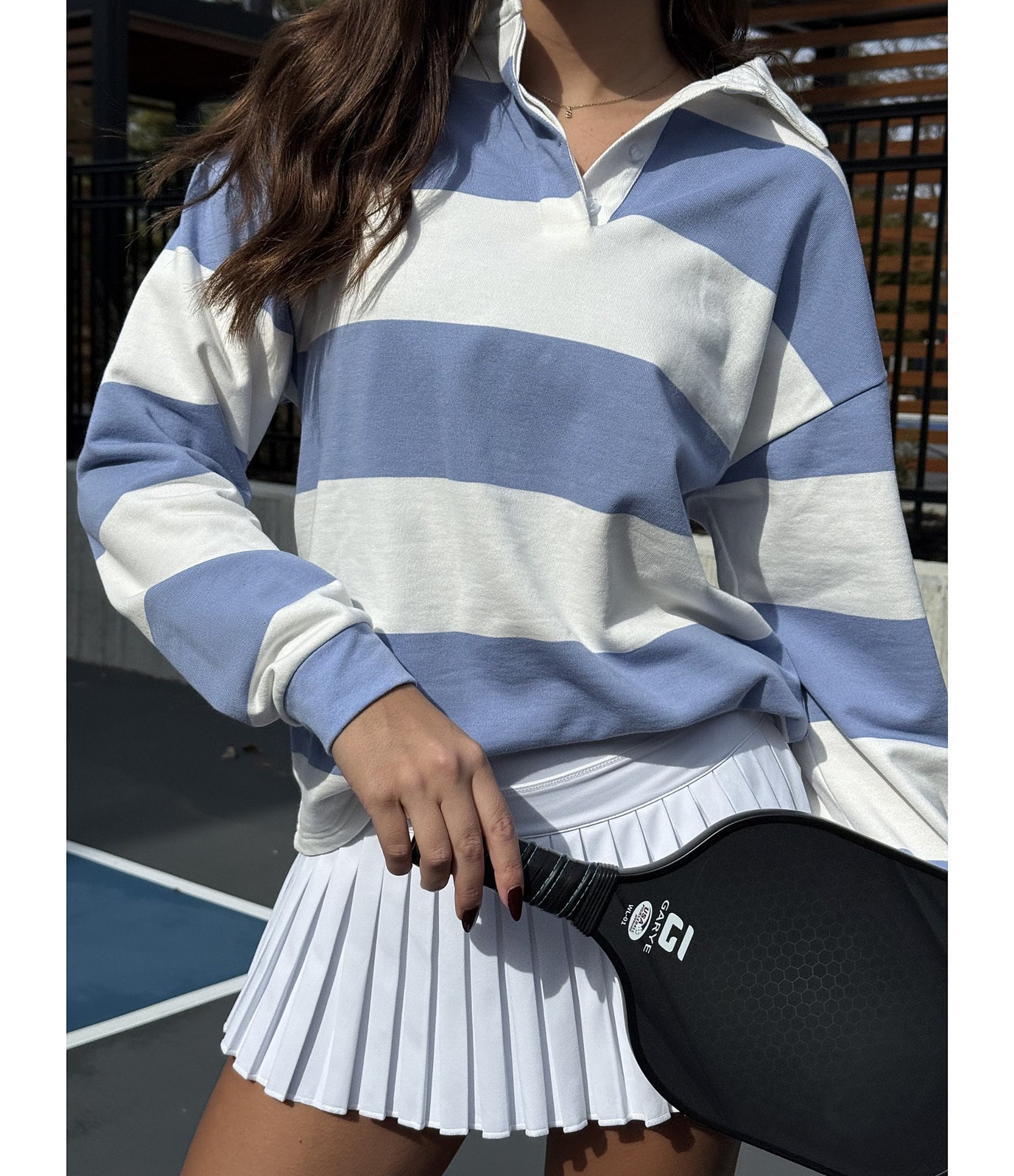 GOLD HINGE Striped Rugby Collared Neck Long Sleeve Top