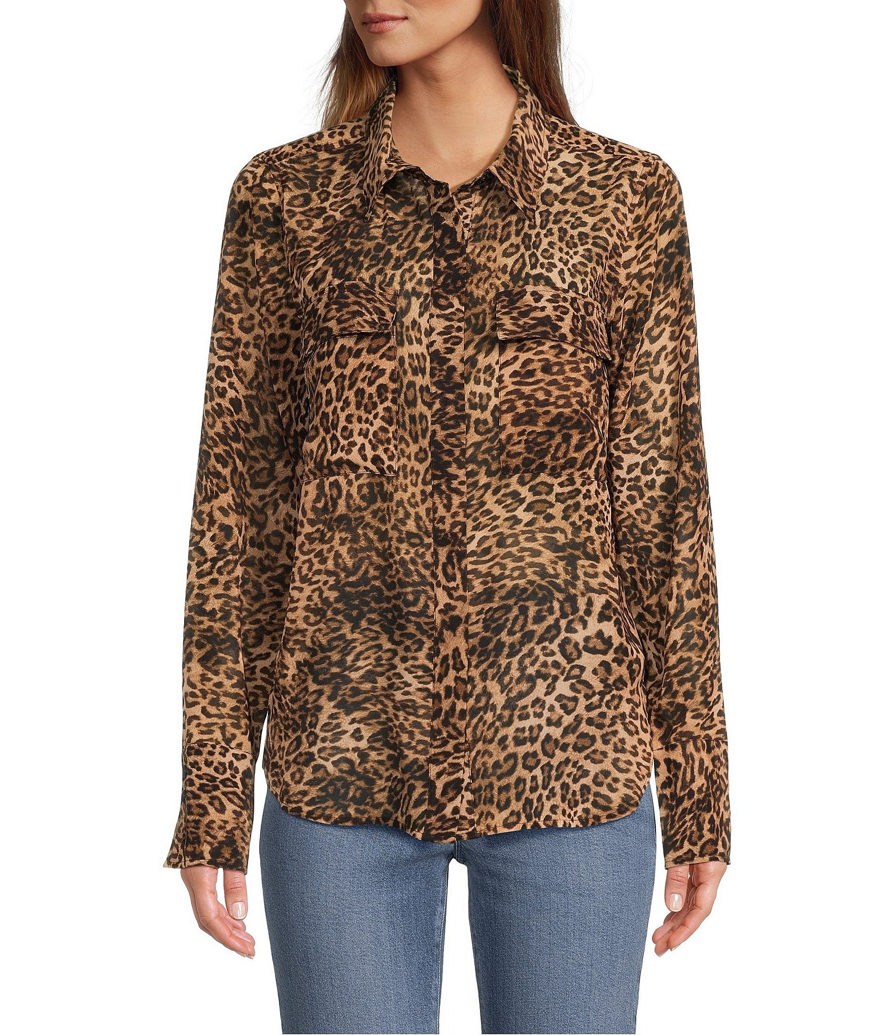 Good American Georgette Leopard Print Collared Long Sleeve Button Front ...