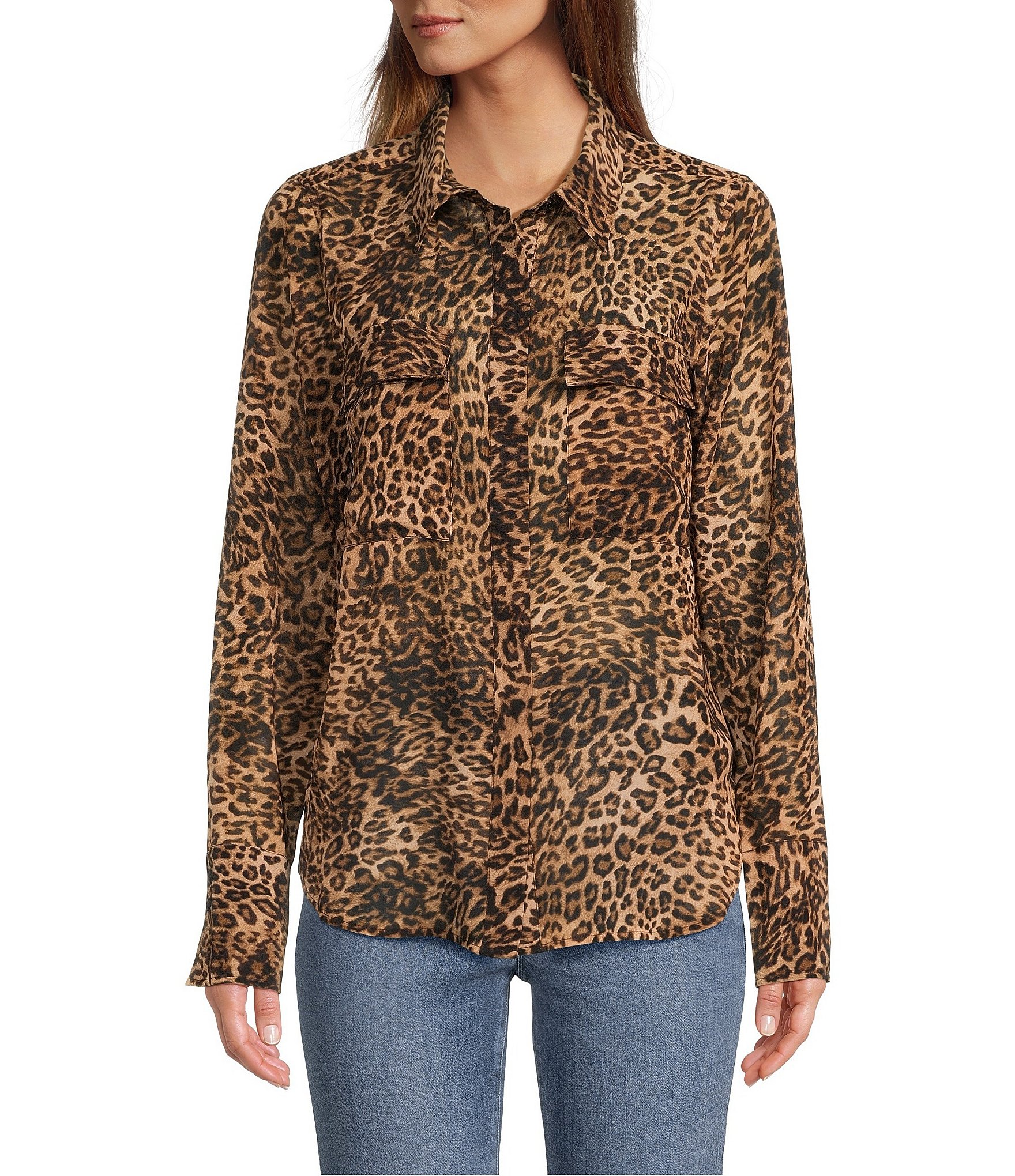 MICHAEL Michael Kors Leopard Print Point Collar Pebble Crepe Roll-Tab 3/4  Sleeve Zip Front Top