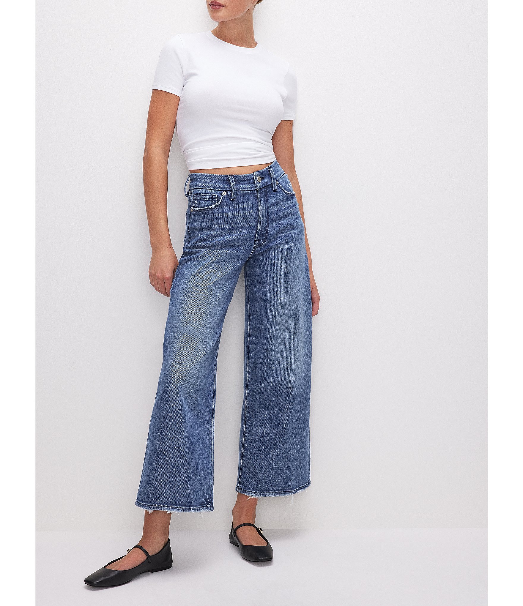 Good American Good Waist Denim High Rise Palazzo Cropped Jeans