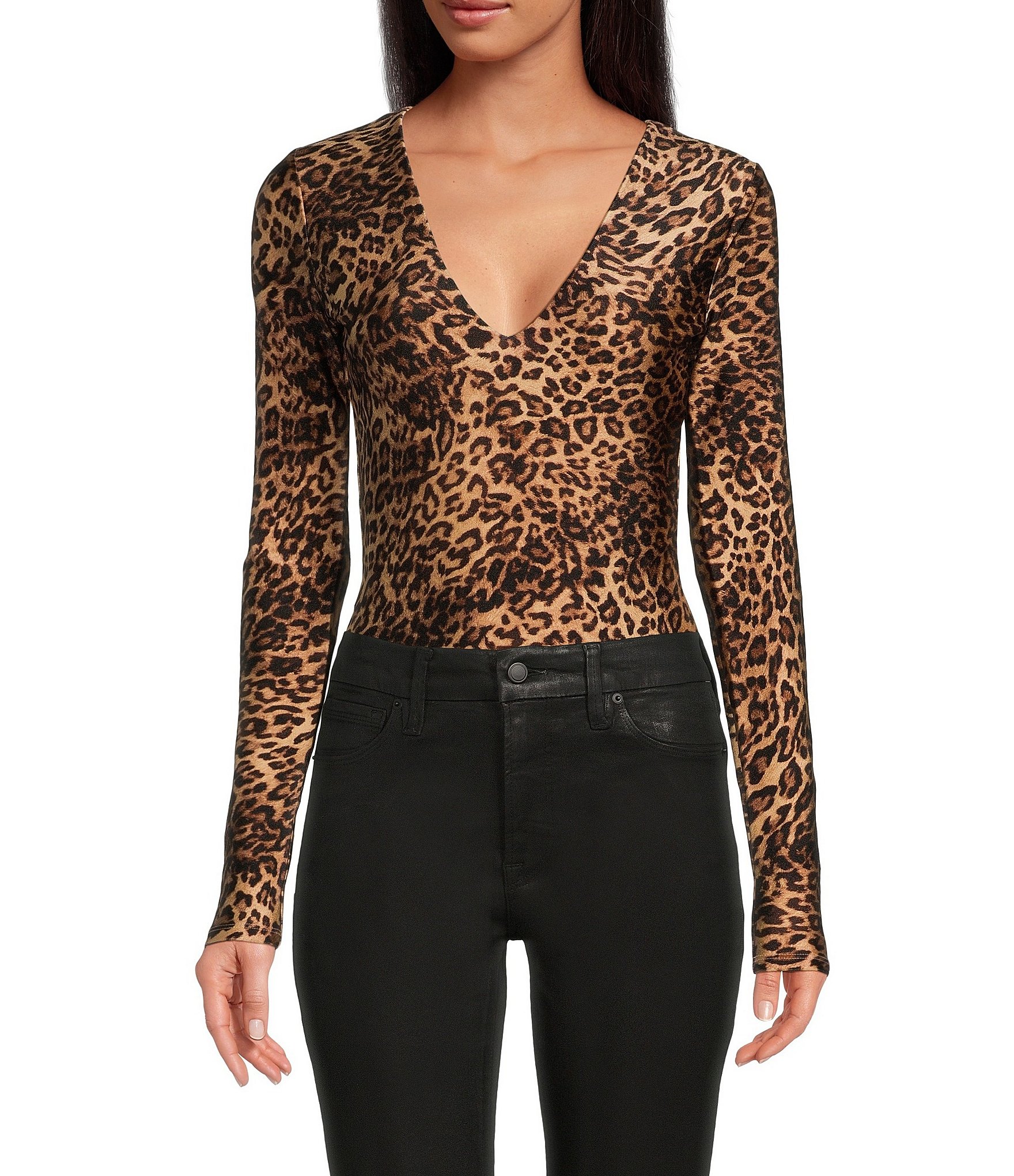Good American High Shine Compression Leopard Scoop Neck Long Sleeve ...