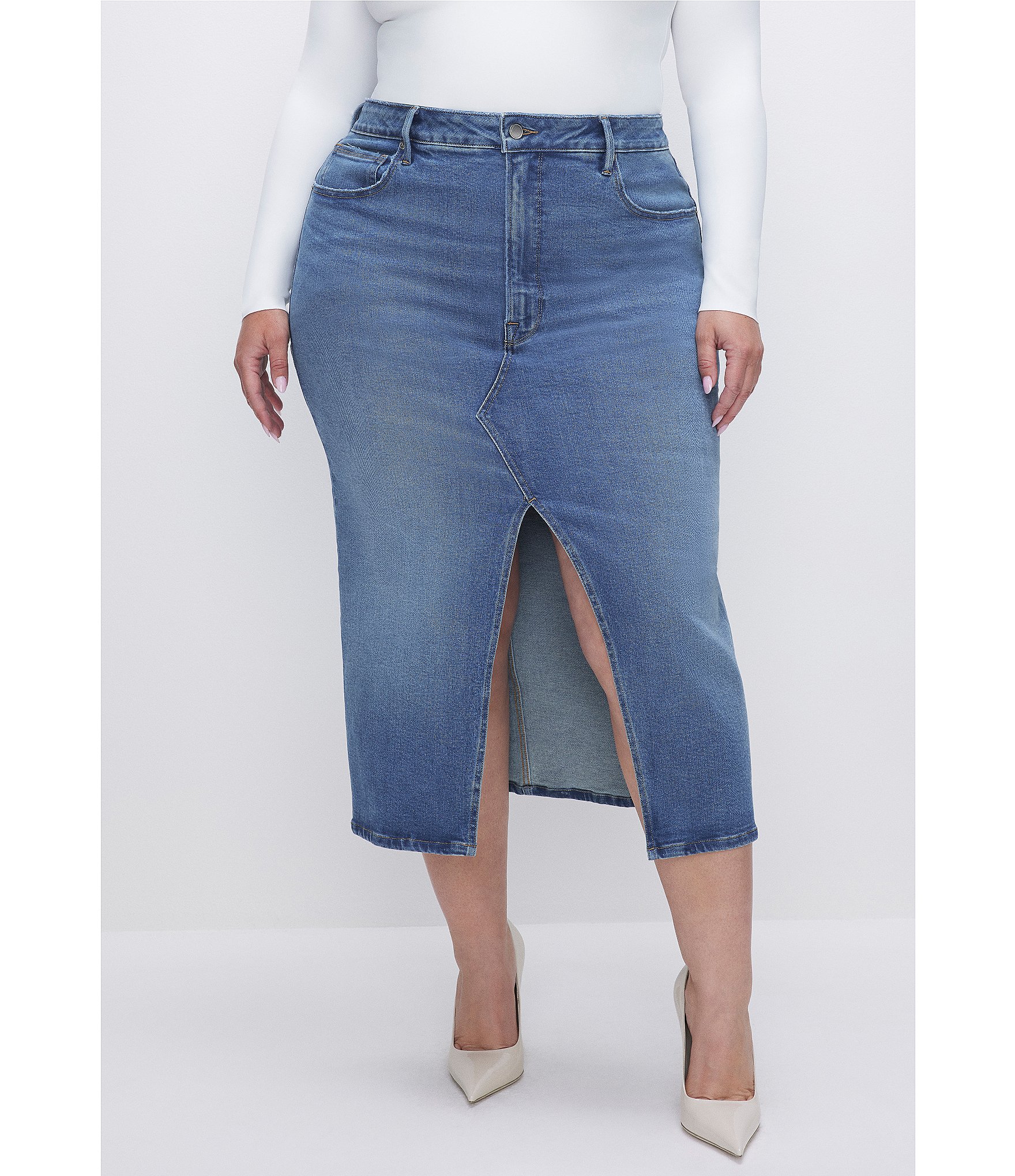 Good American Plus Denim High Rise Front Slit Midi Skirt | Dillard's