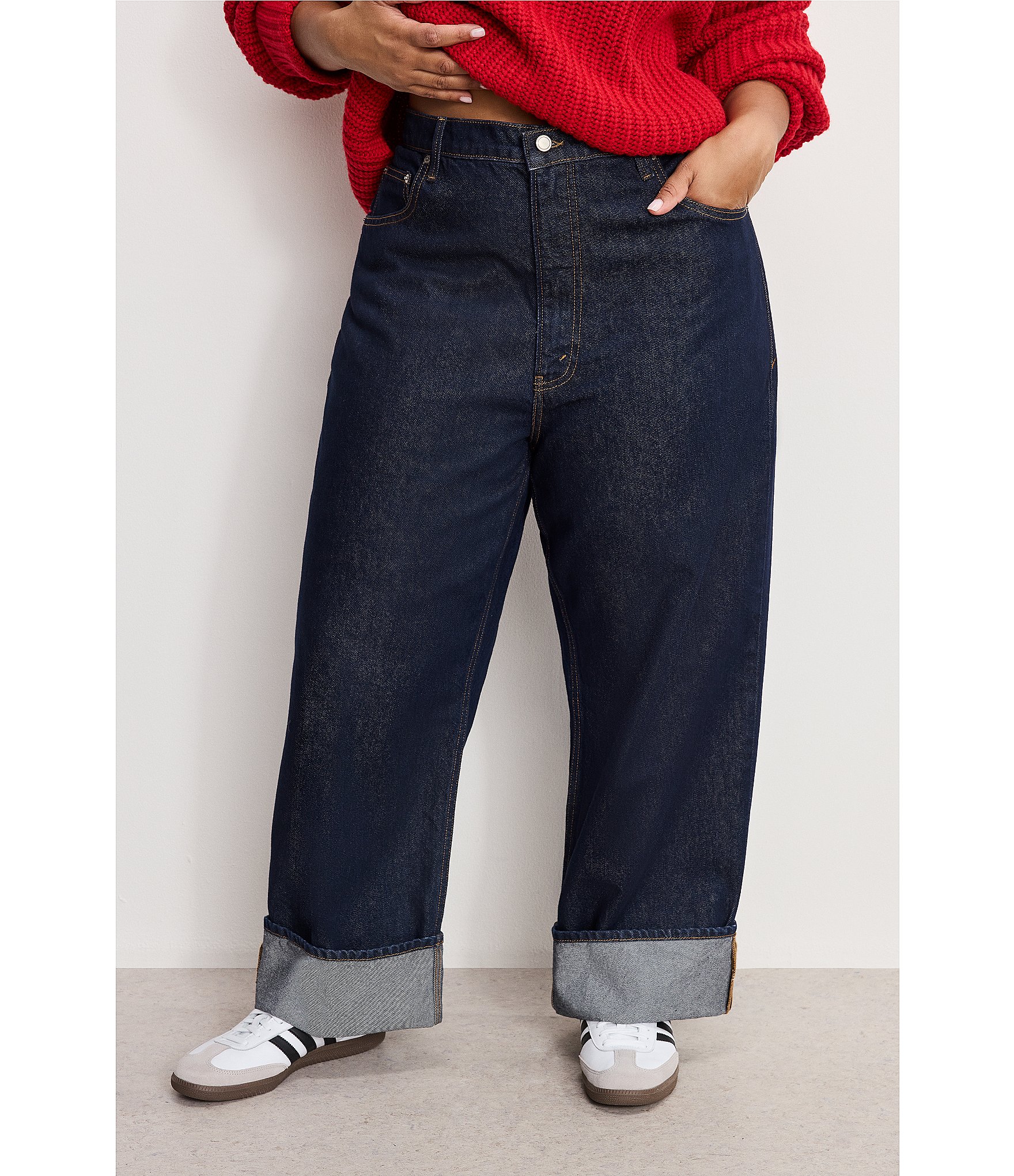 Good American Plus Good Standard Low Rise Baggy Cuffed Wide Leg Jeans