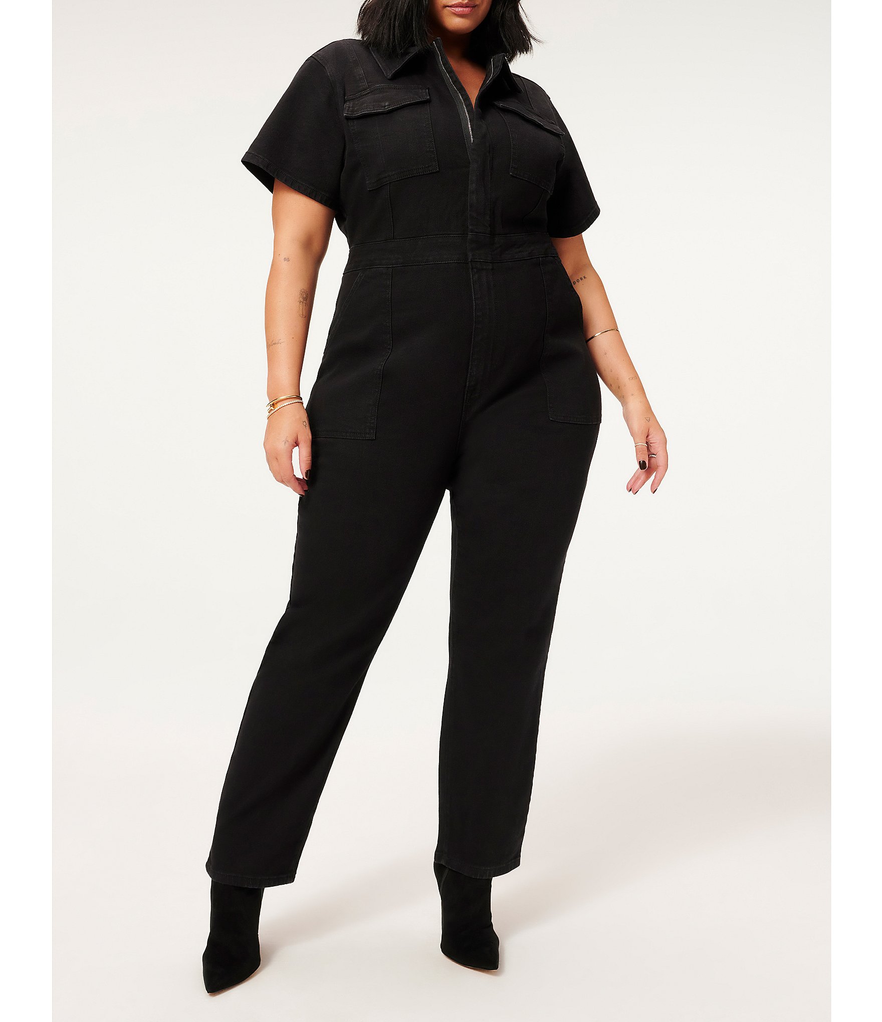 Good American Plus Size Fit For Success Short Sleeve Point Collar Straight  Leg Stretch Denim Jumpsuit | Dillard's