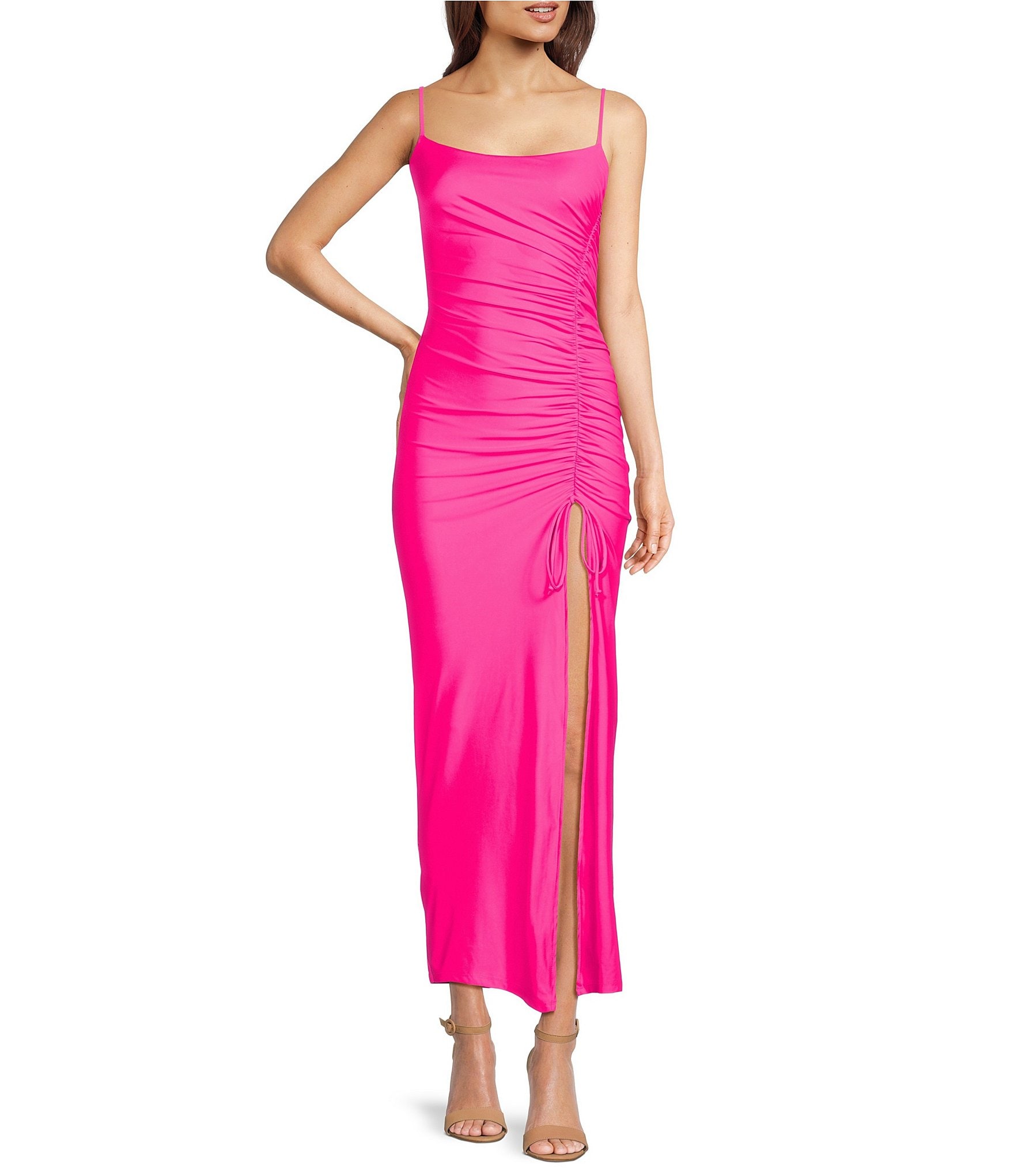 Good American Satin Ruched Square Neck Sleeveless Maxi Dress | Dillard's