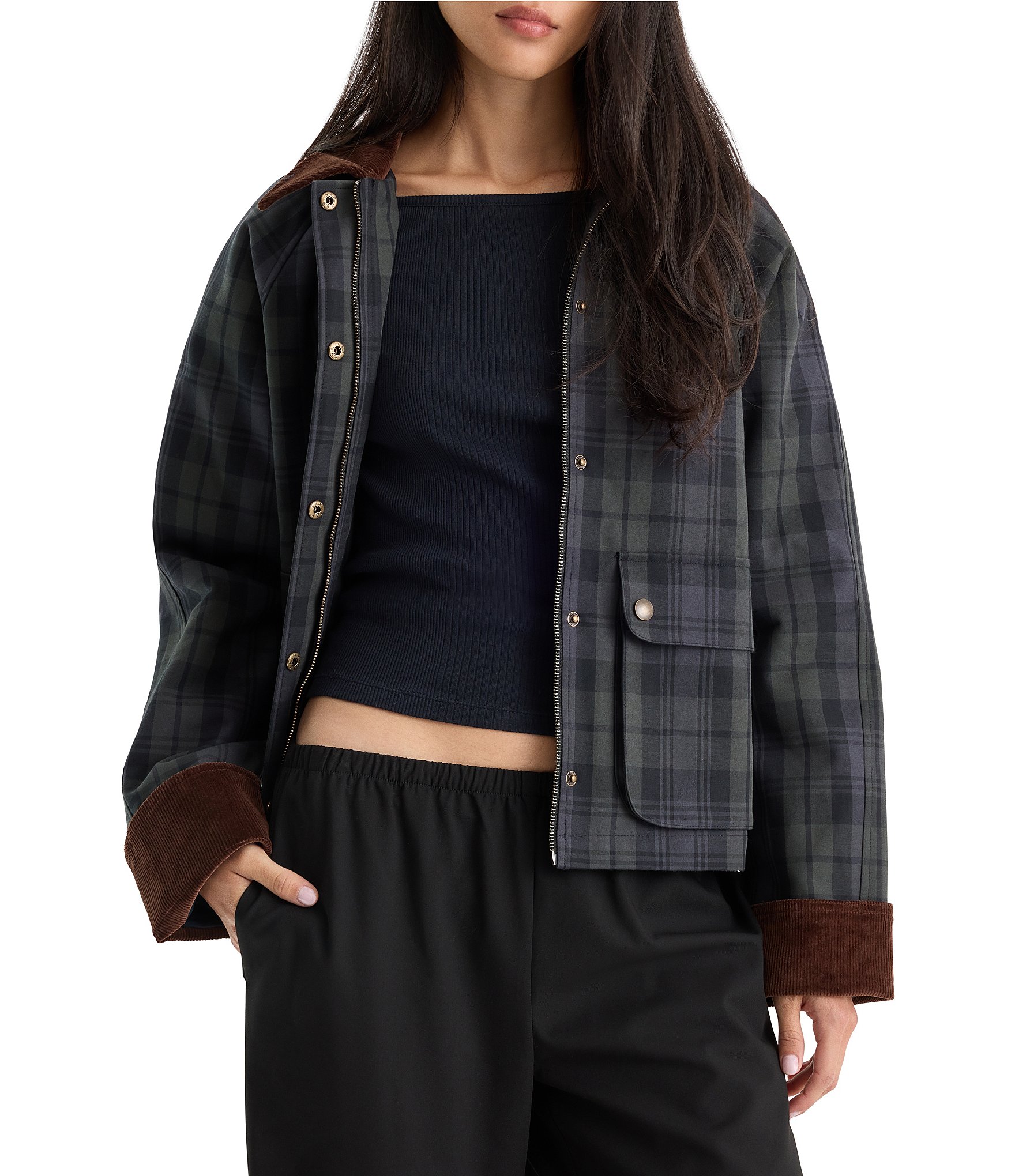 Good American The Heritage Plaid Printed Corduroy Collared Long Sleeve Jacket