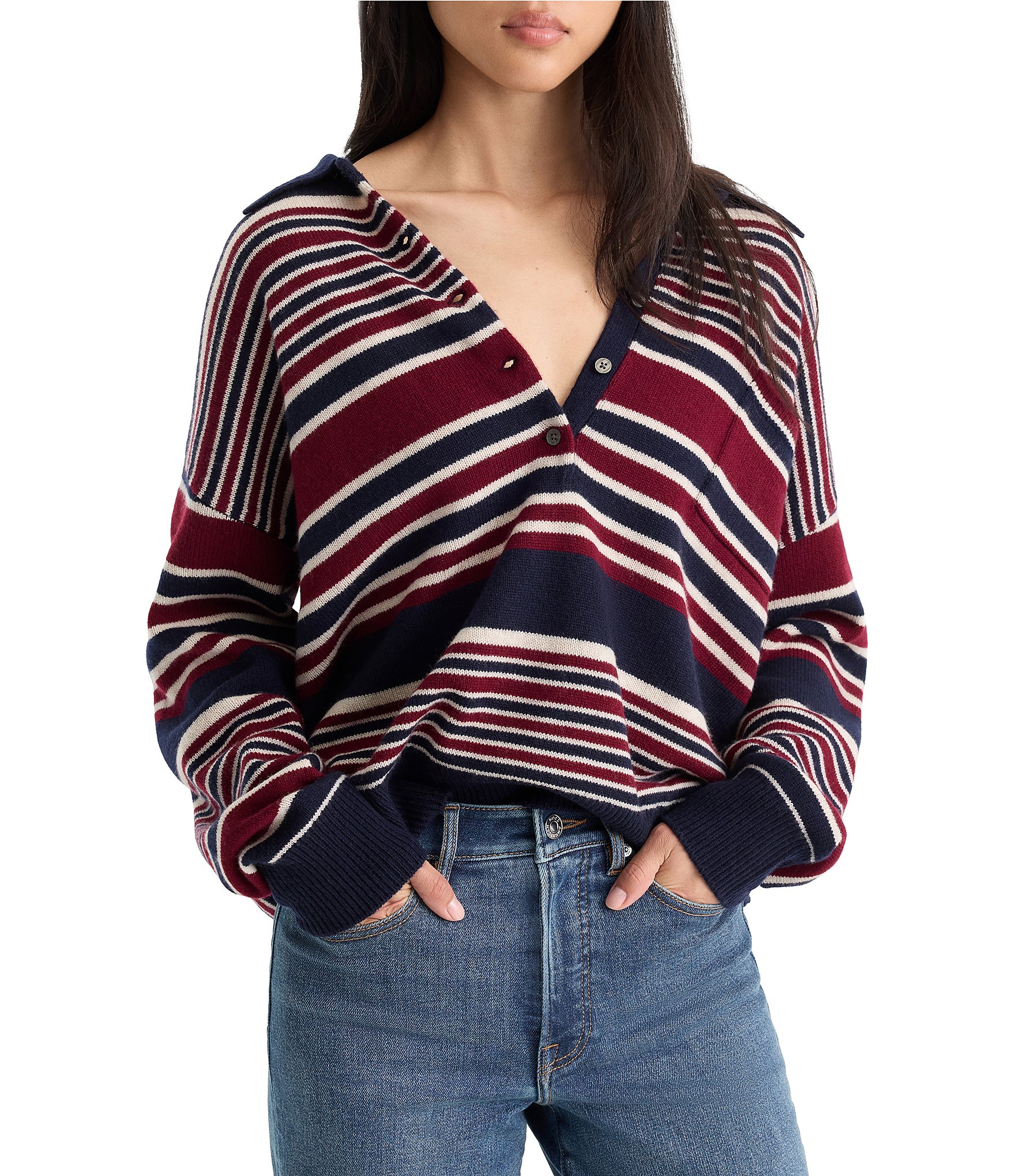 Good American The Oversized Rugby Stripe Collared Long Sleeve Sweater