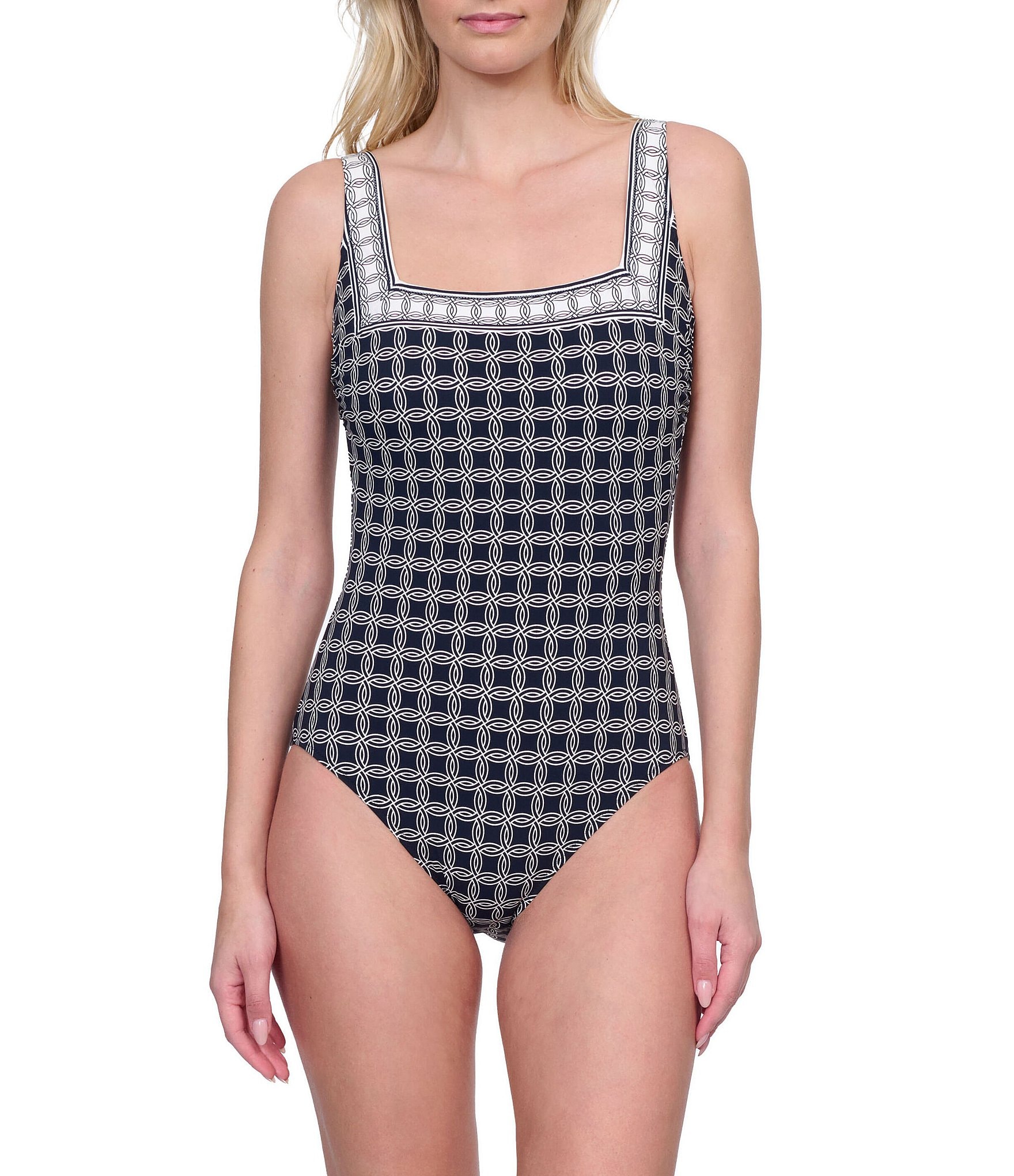 Gottex Golden Chic Geometric Print Square Neck Tummy Control Tank One Piece Swimsuit