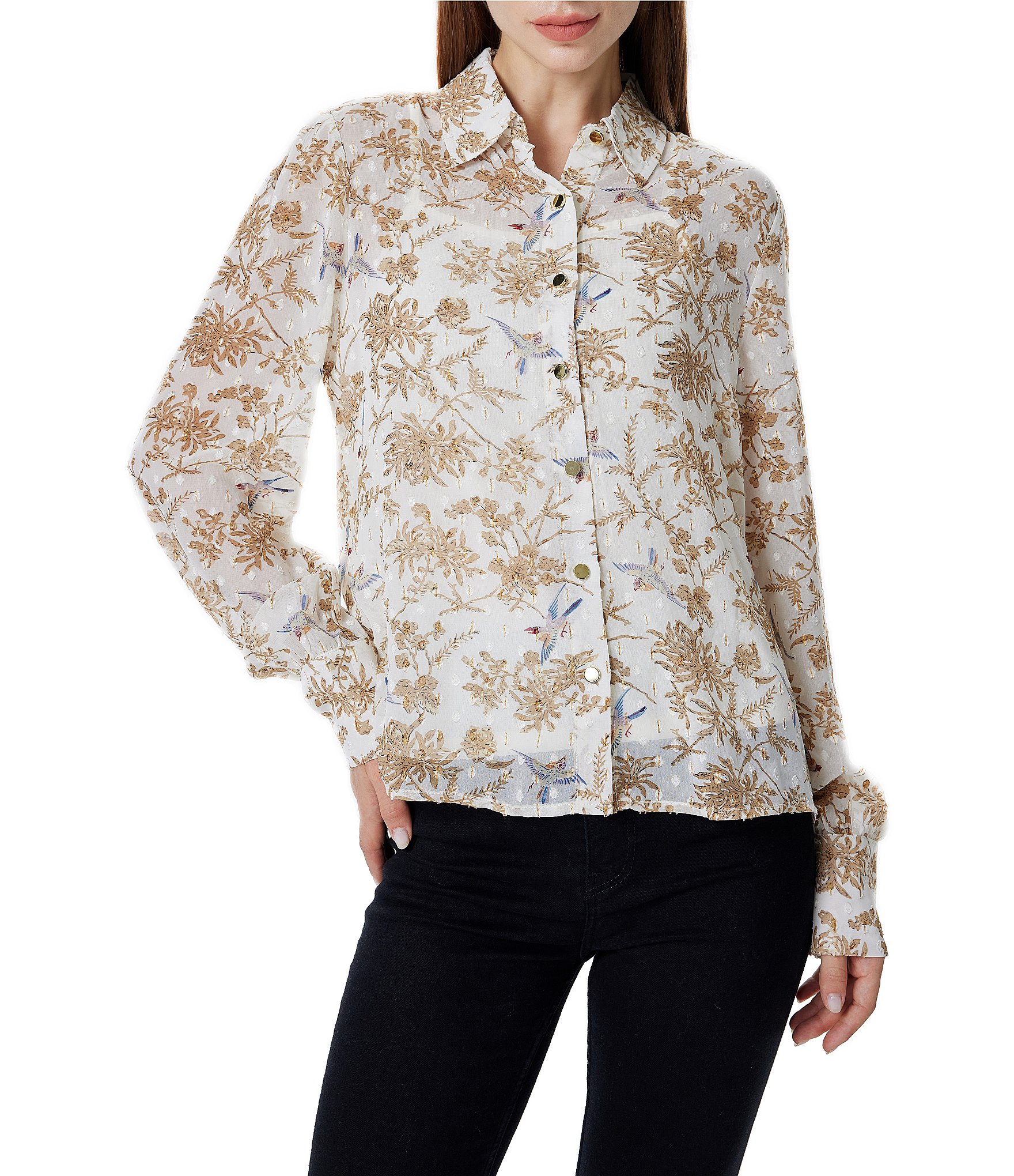 Greige Woven Printed Collared Long Sleeve Button Down Top