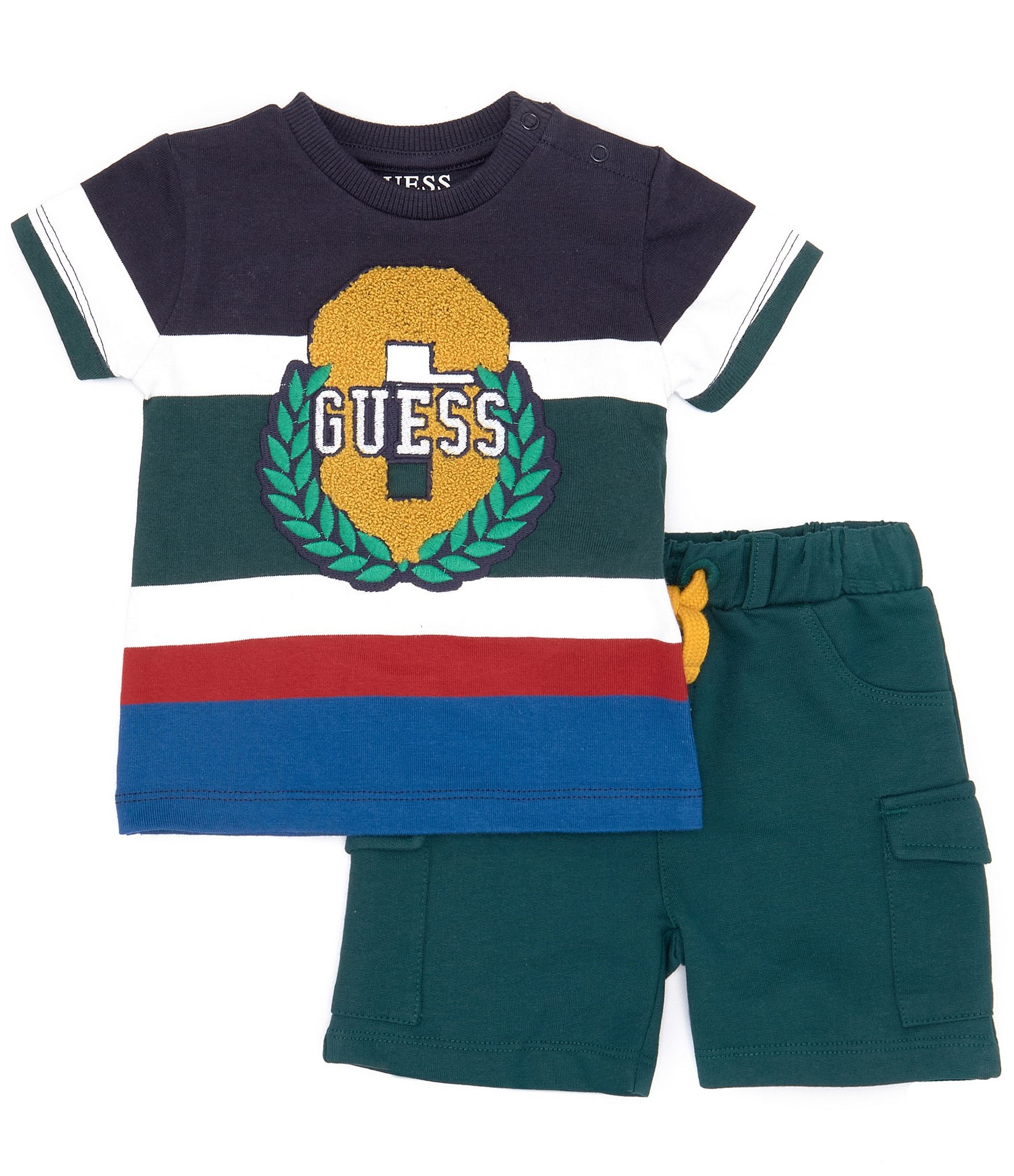 Guess Baby Boys 3-24 Months Short-Sleeve Embroidered Patch Striped Knit T-Shirt & Solid French Terry Shorts Set