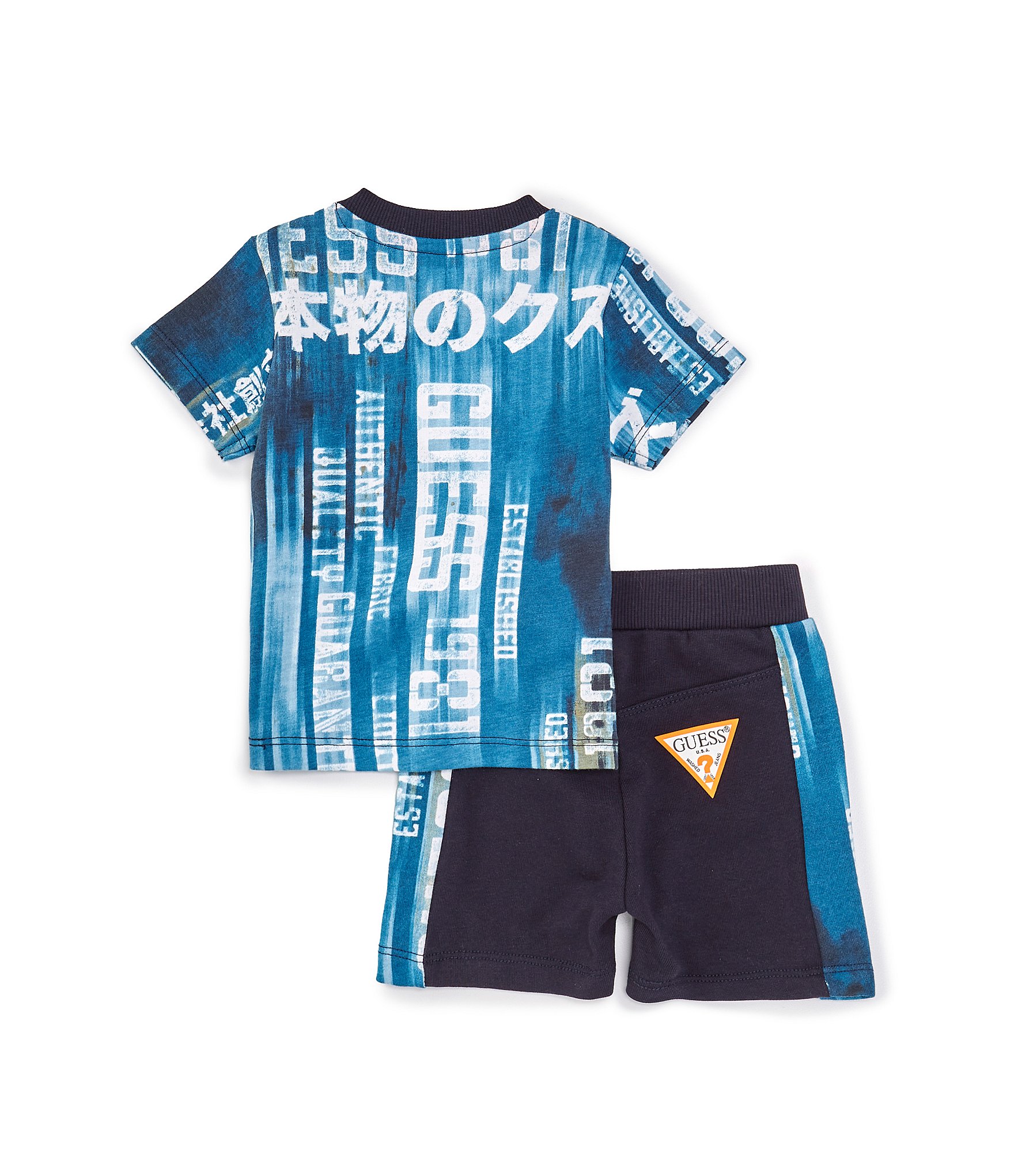 Guess Baby Boys 3-24 Months Short Sleeve Triangle Logo Mixed-Media-Printed T-Shirt & Coordinating Shorts Set