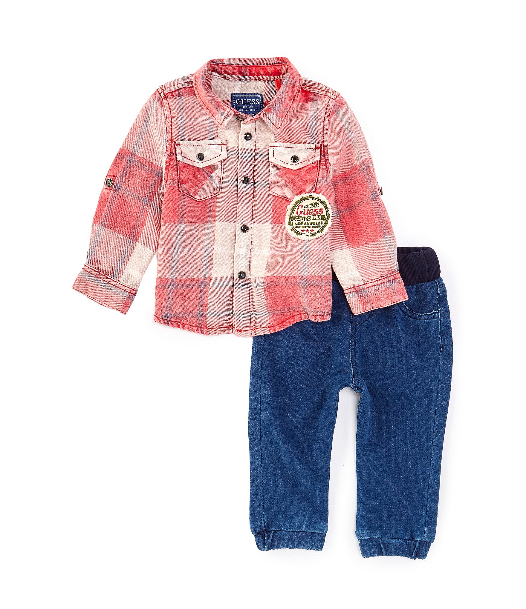 Guess Baby Boys Newborn-24 Months Long-Sleeve Plaid Flannel Shirt & Denim-Look Knit Pants