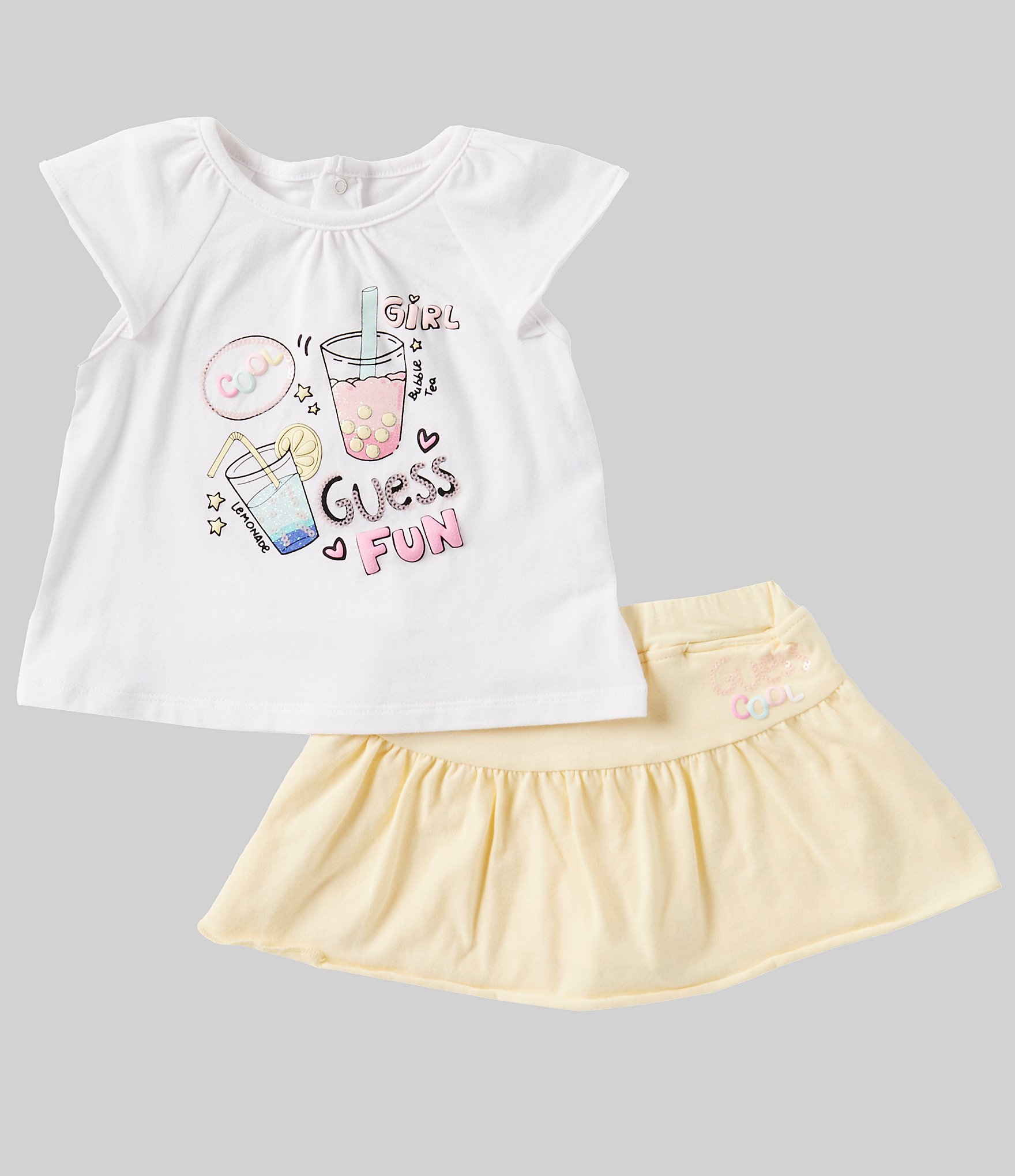 Guess Baby Girls 3-24 Months Short-Sleeve Puff-Printed Logo Jersey Top & Ruffled Jersey Skort Set