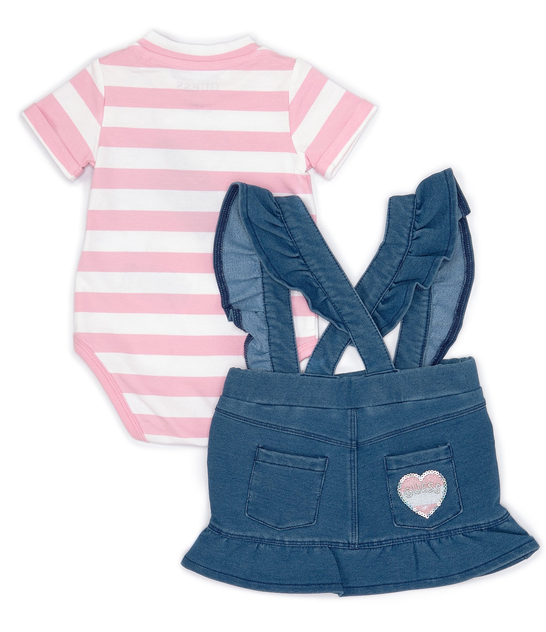 Guess Baby Girls 3-24 Months Sleeveless Knit Denim Jumper Dress & Short-Sleeve Striped Jersey Bodysuit