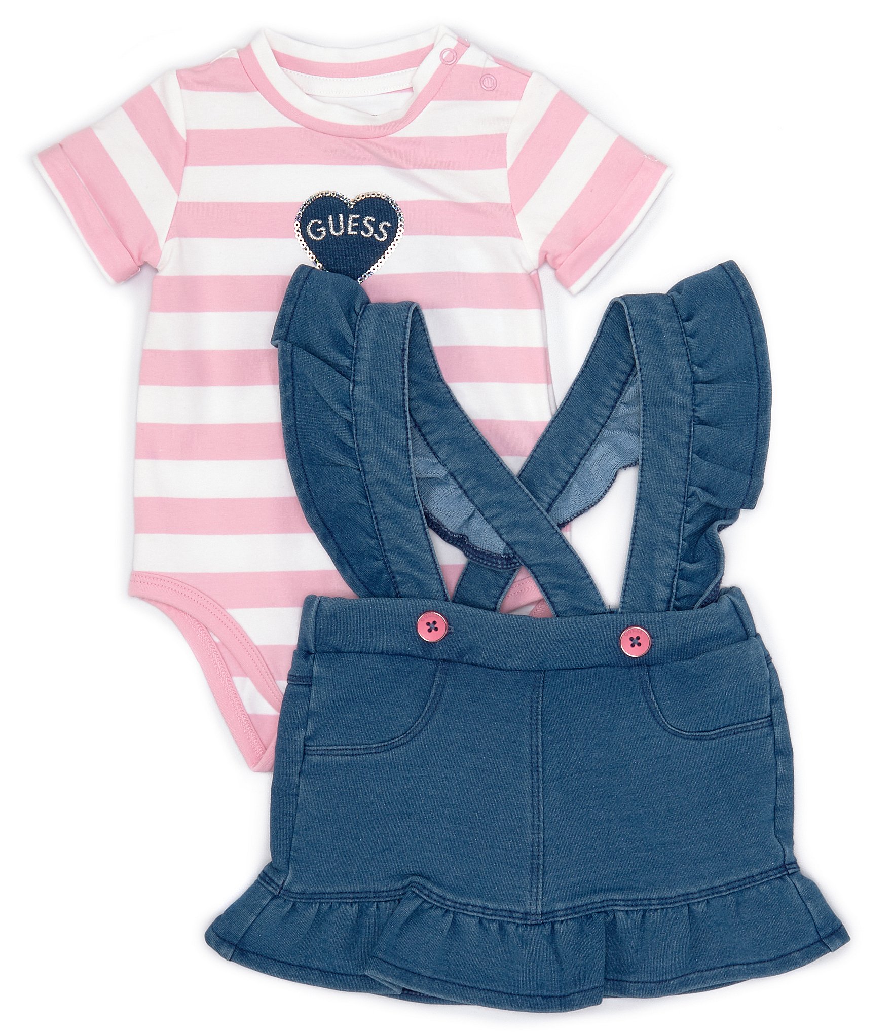 Guess Baby Girls 3-24 Months Sleeveless Knit Denim Jumper Dress & Short-Sleeve Striped Jersey Bodysuit