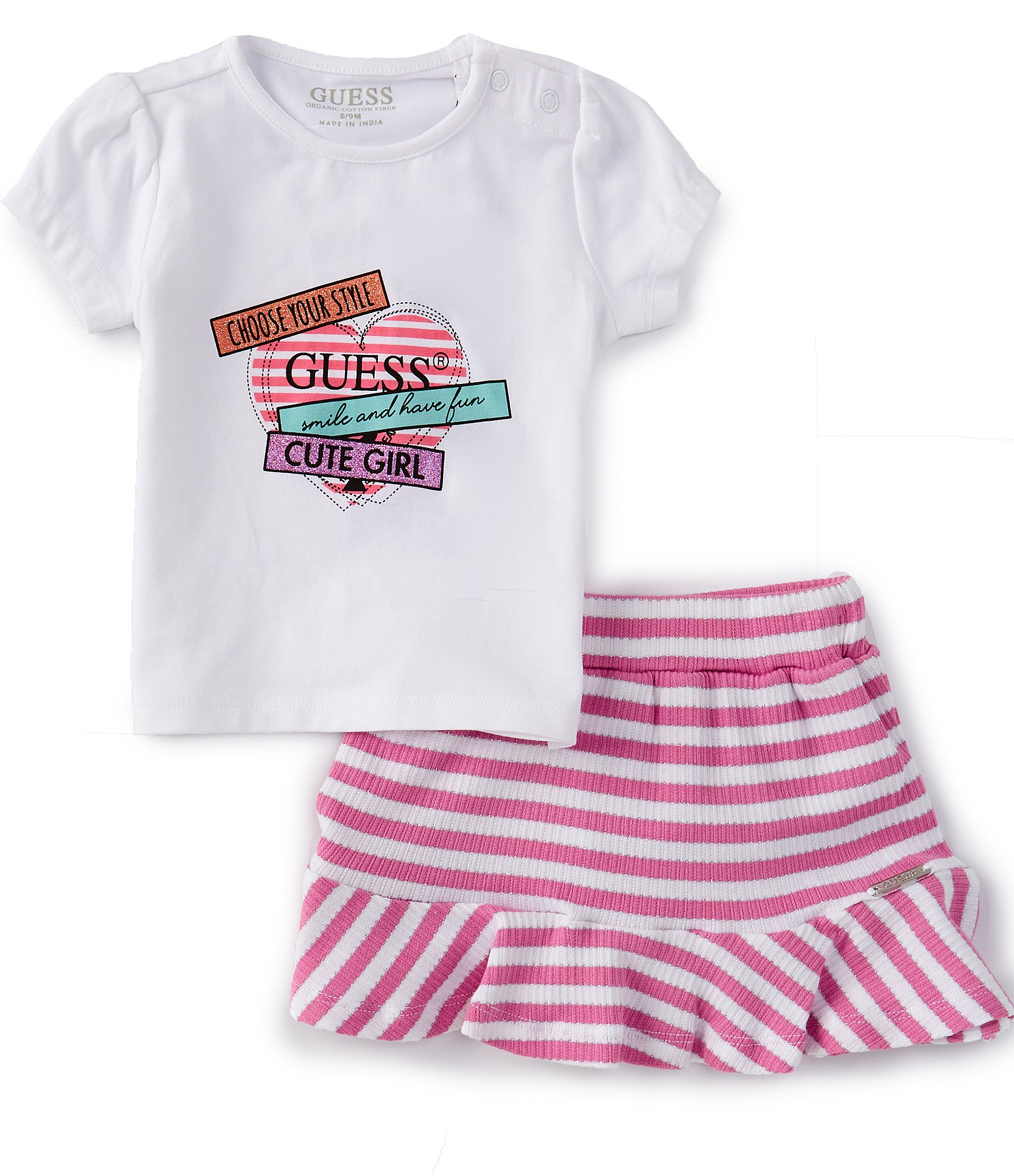 Baby Girls Newborn -24 Months Hear Logo Short Sleeve Tee & Stripe Skirt 2-Piece | Dillard's