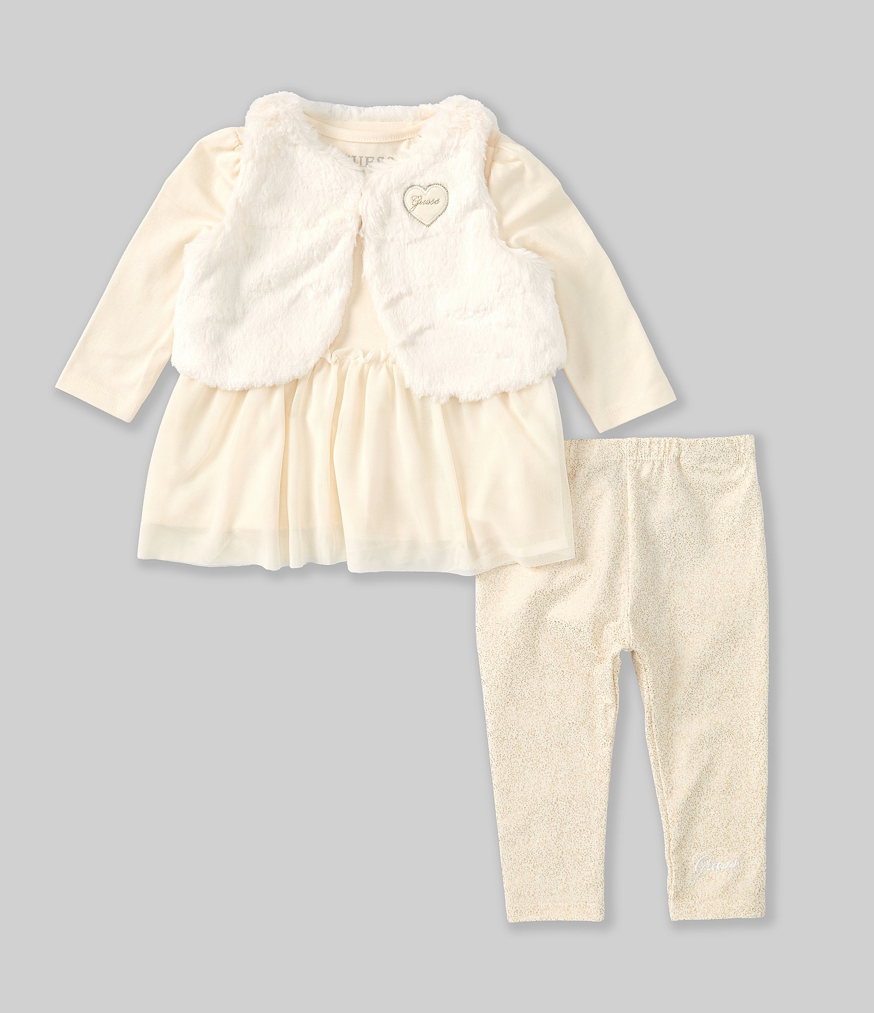 Guess Baby Girls Newborn-24 Months Faux-Fur Vest, Long-Sleeve Logo-Detailed Heart-Shaped Tunic Top & Solid Leggings Set