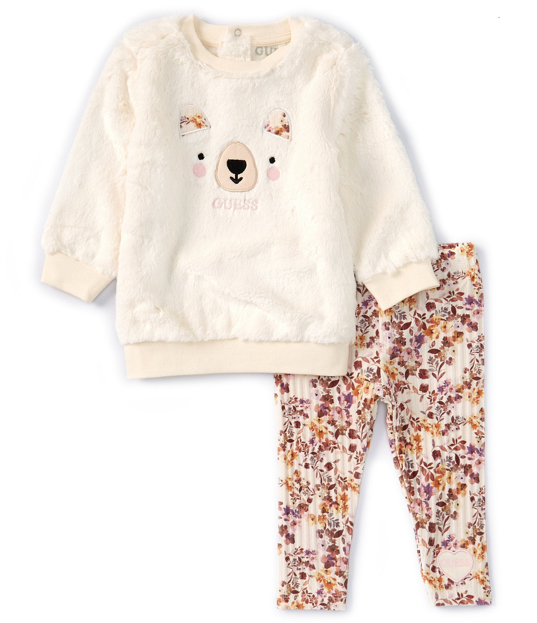 Guess Baby Girls Newborn-24 Months Long-Sleeve Bear Face Appliqued Patch Top & Printed Leggings Set