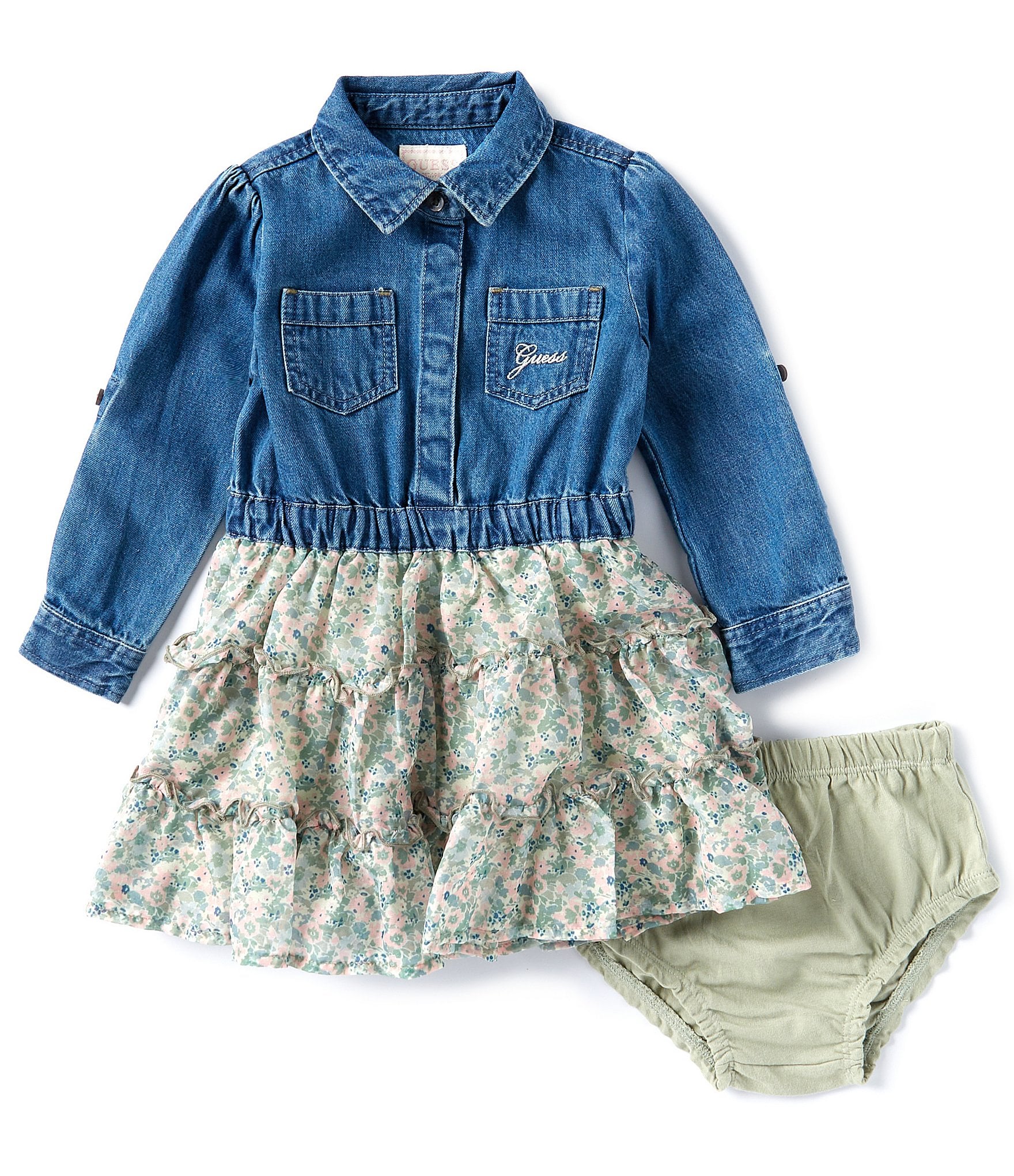 Guess Baby Girls Newborn-24 Months Long Sleeve Chambray Bodice/Floral-Print Skirted Shirtdress