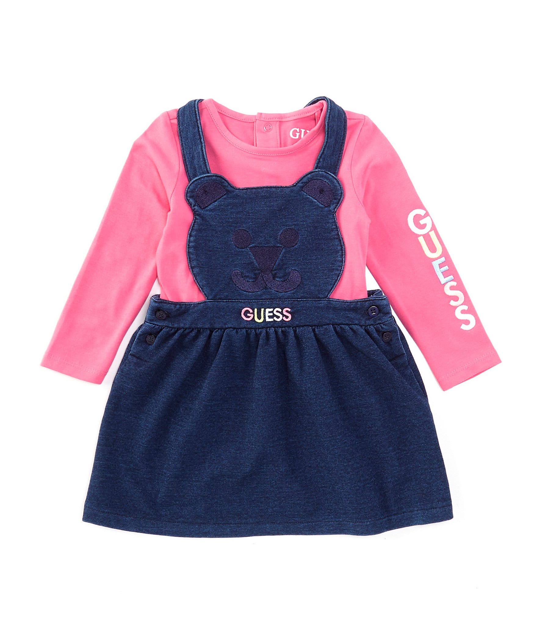 Guess Baby Girls Newborn-24 Months Sleeveless Bear Face Denim-Look Knit Jumper Dress & Long-Sleeve Logo-Detailed Knit Bodysuit