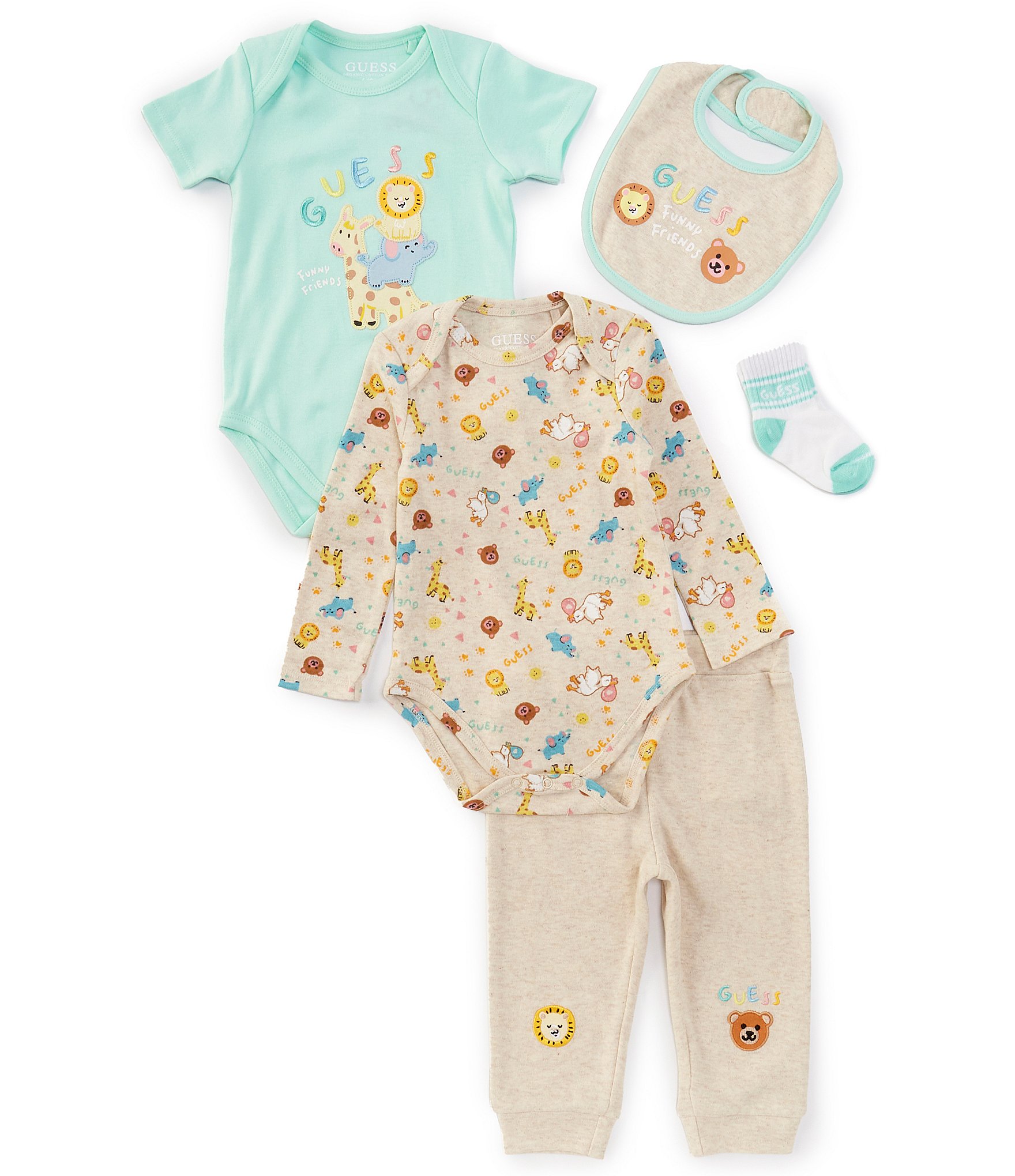 Guess Baby Newborn-12 Months Long Sleeve Safari Animal Bodysuit, Jogger Pants, Bib & Socks Set