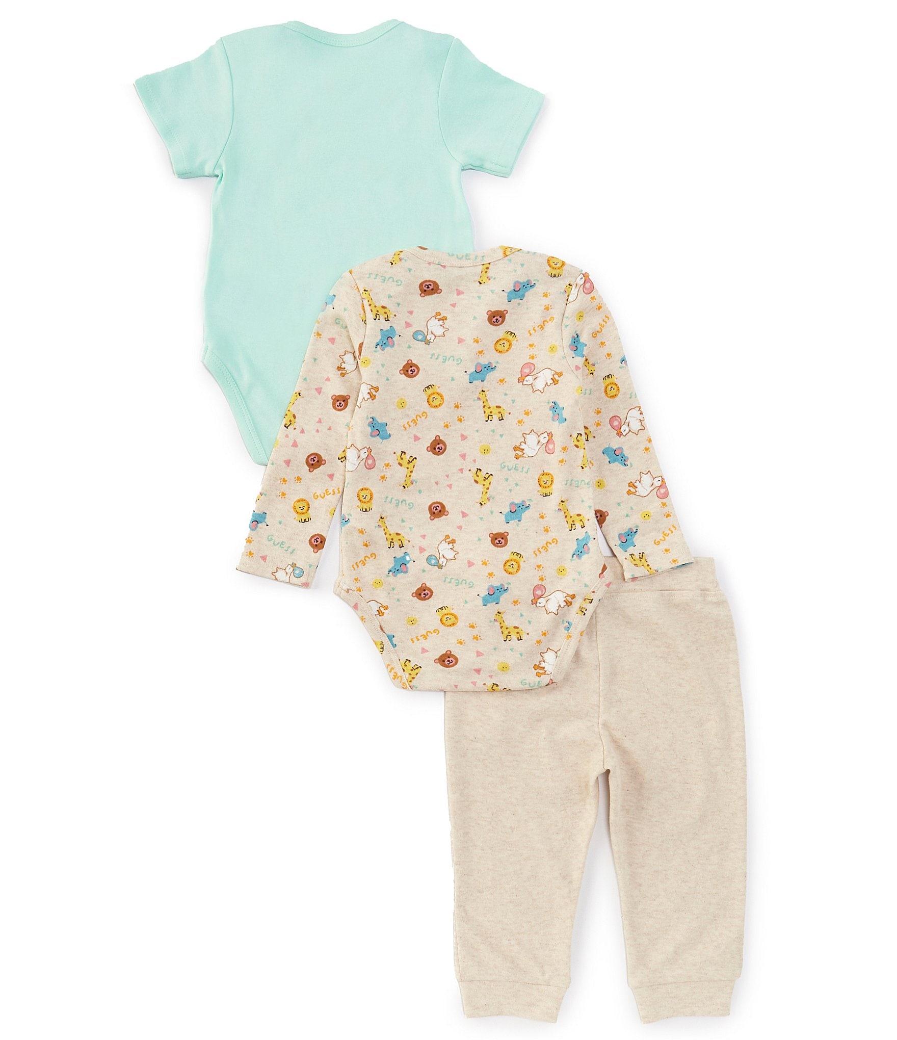 Guess Baby Newborn-12 Months Long Sleeve Safari Animal Bodysuit, Jogger Pants, Bib & Socks Set