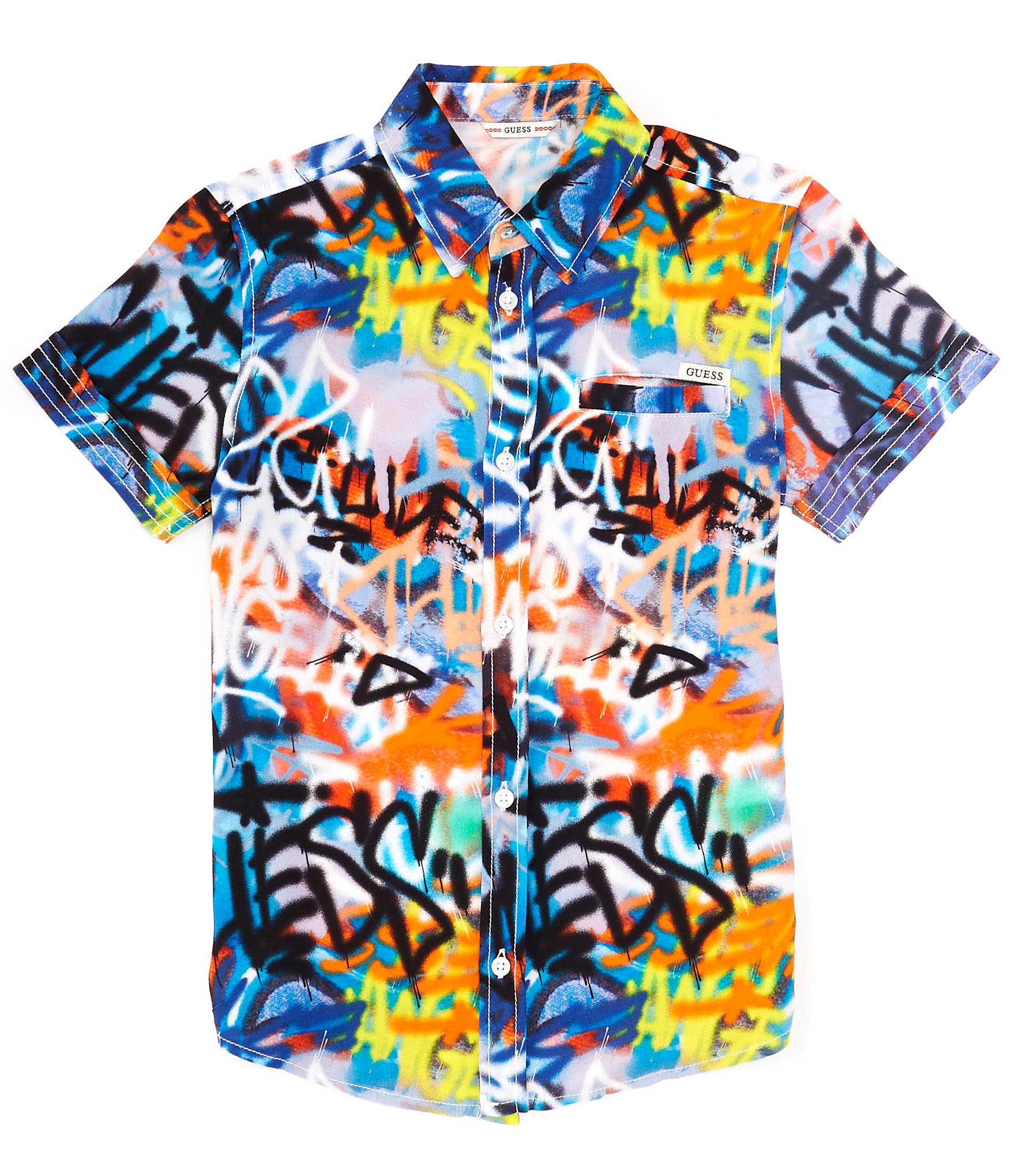 Guess Big Boys 8-18 Short-Sleeve Graffiti Printed Slit-Pocket Woven Shirt