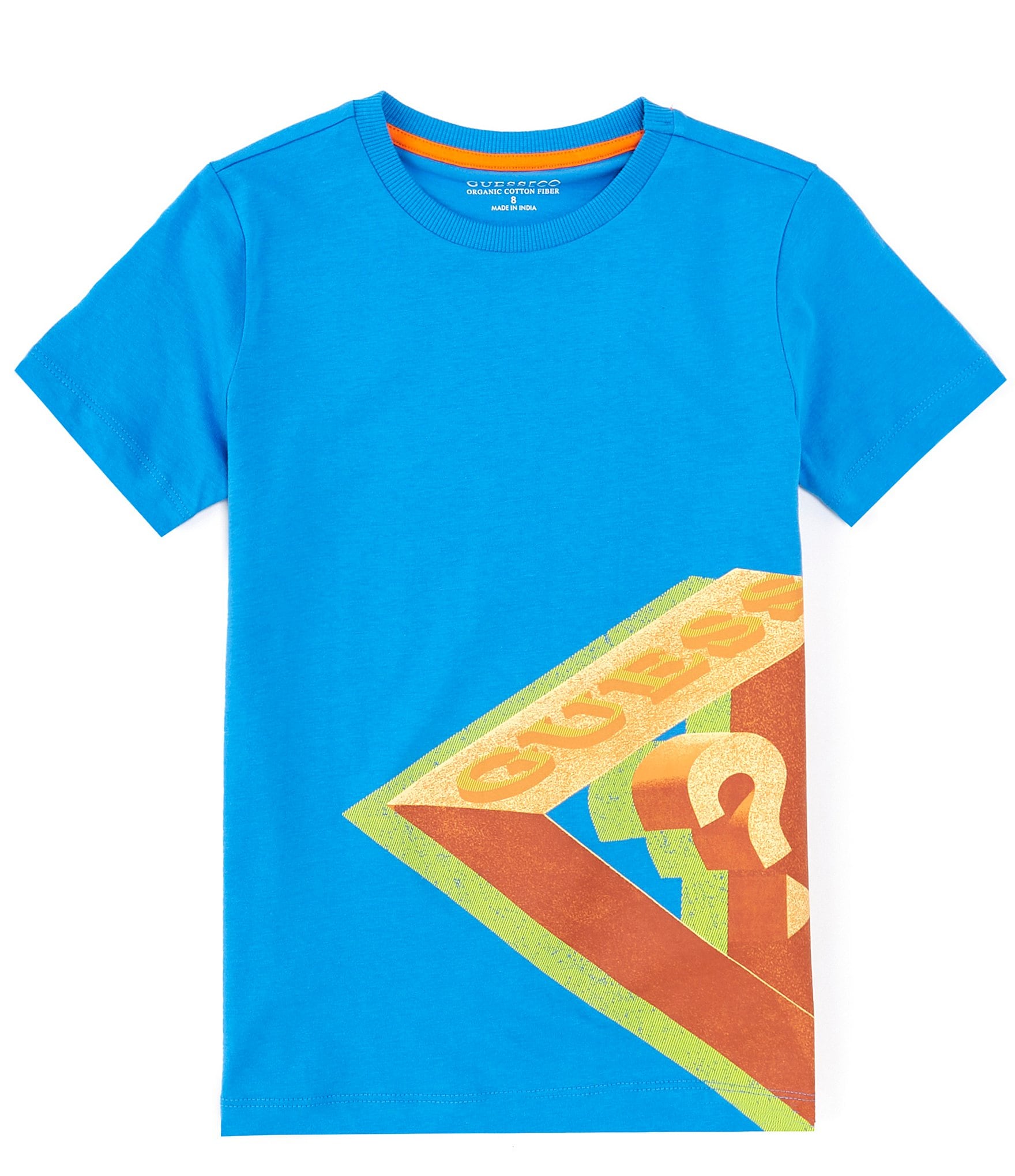 orange and blue guess shirt