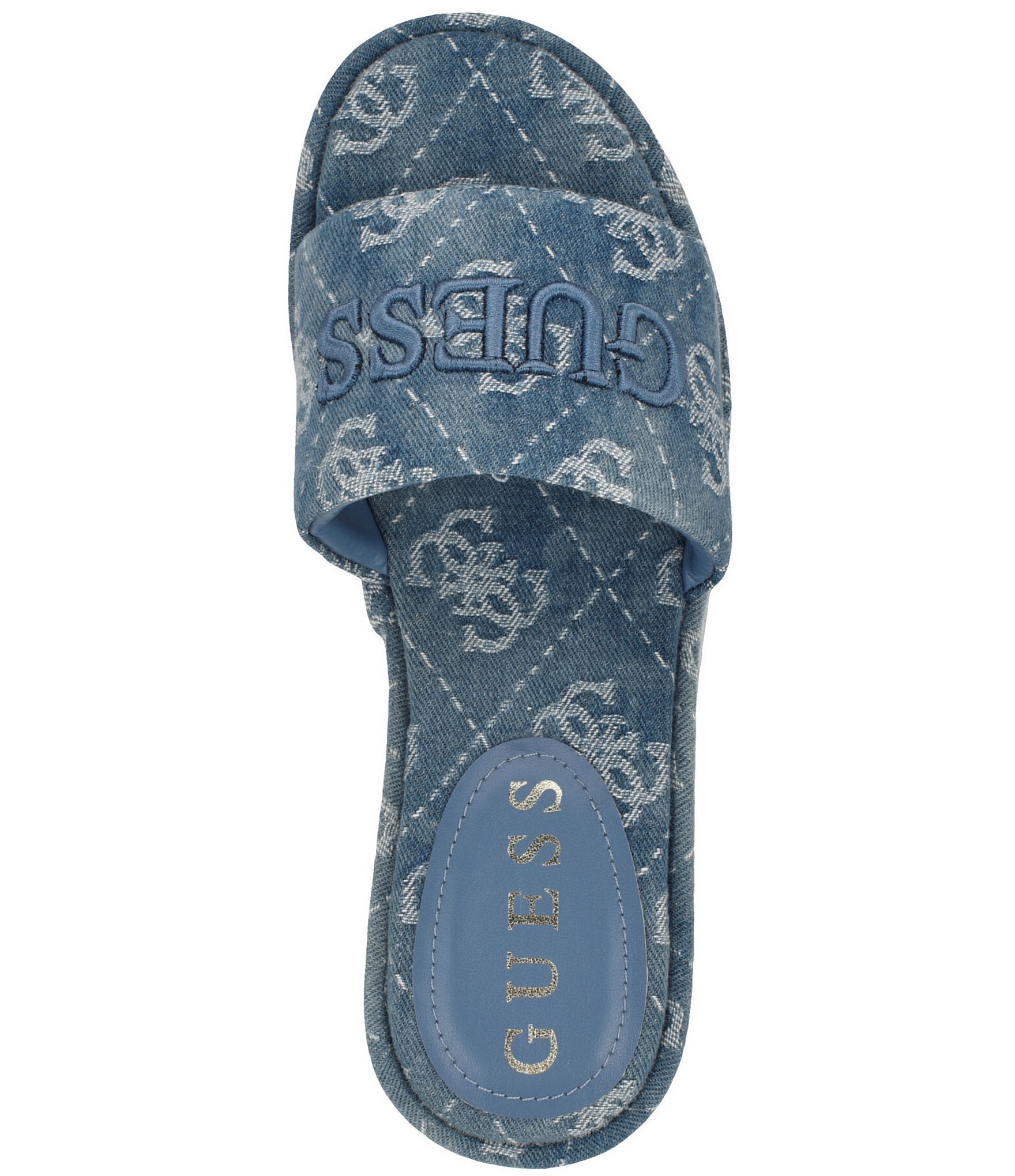 Guess Bintai Denim Jacquard Embroidered Logo Detail Platform Slides