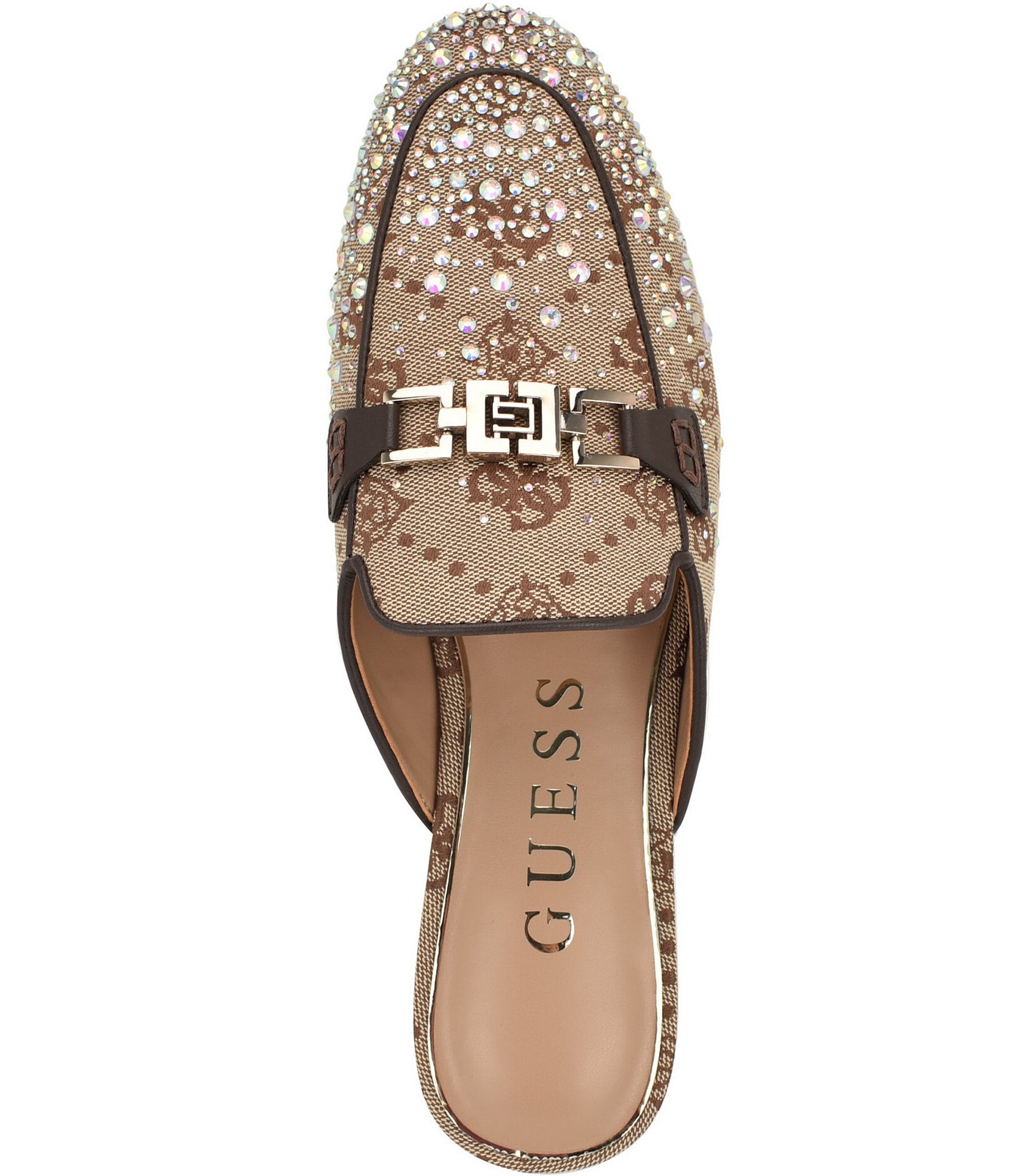 Guess Bommiyaa Logo Print Rhinestone Hardware Mules