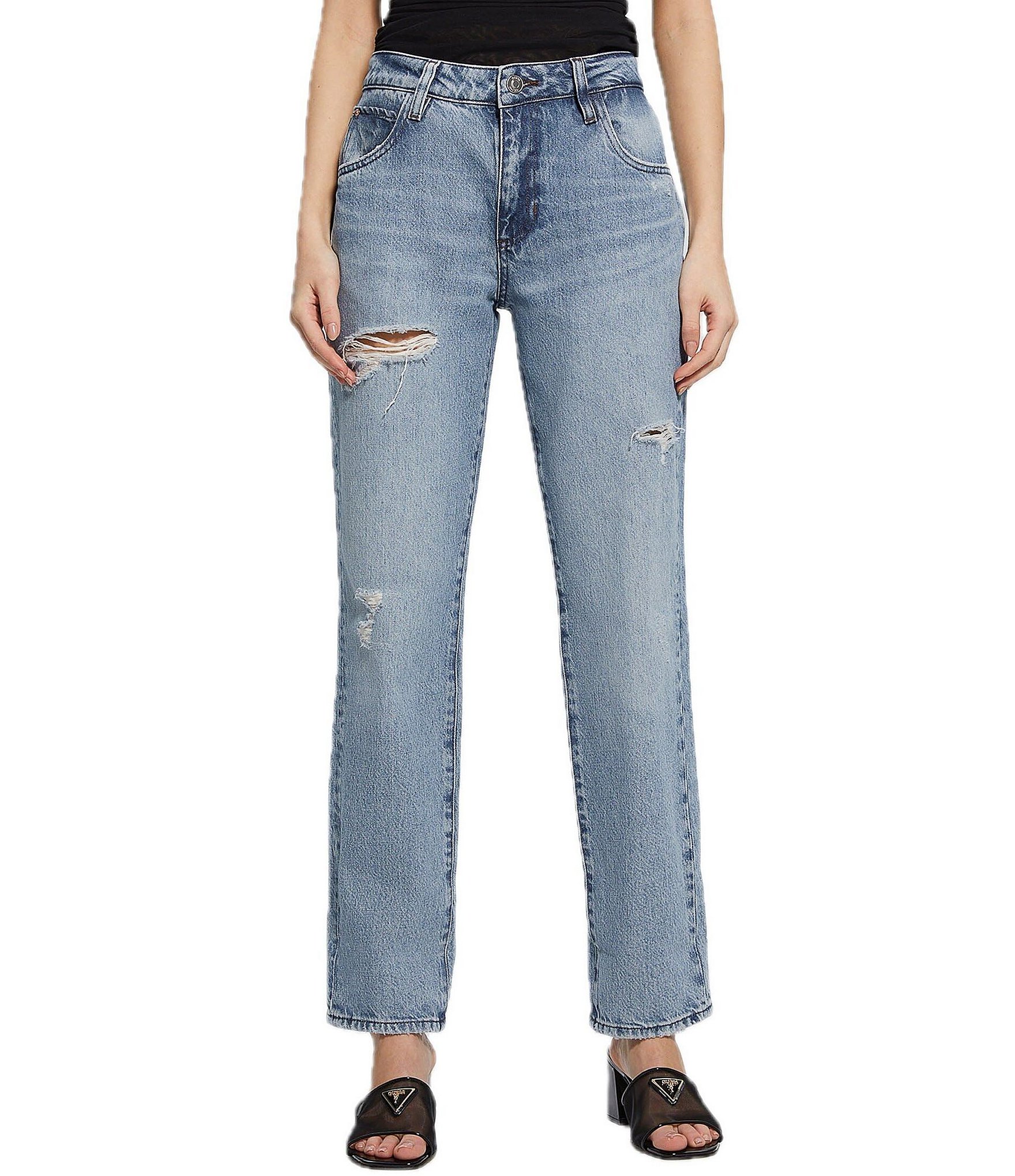 Guess Celia Mid Rise Destructed Cuffed Boyfriend Jeans