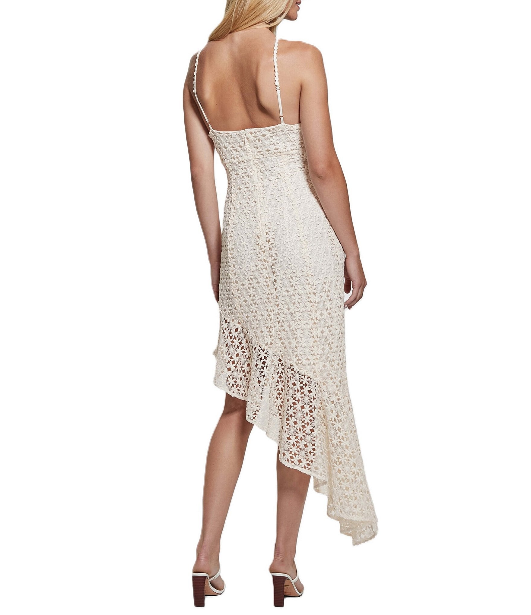 Guess Claudia Eyelet Embroidered Floral Overlay Asymmetric Hem Dress