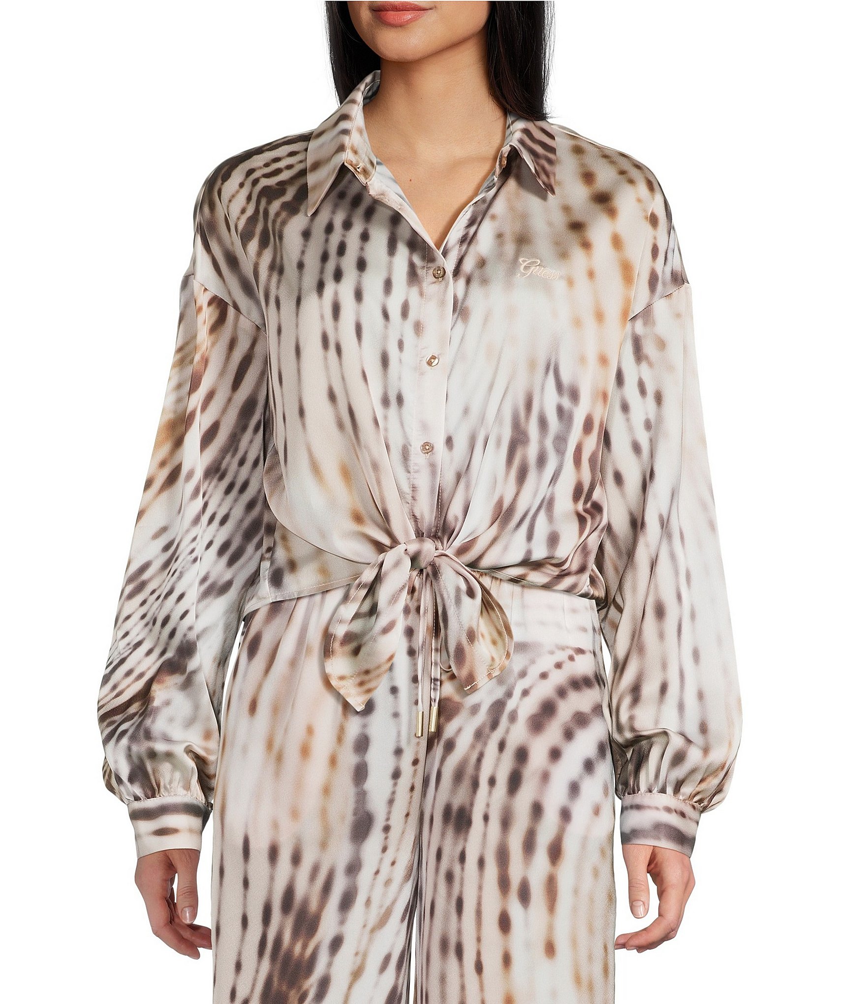 Guess Coordinating Satin Animal Print Long Sleeve Button Front Shirt