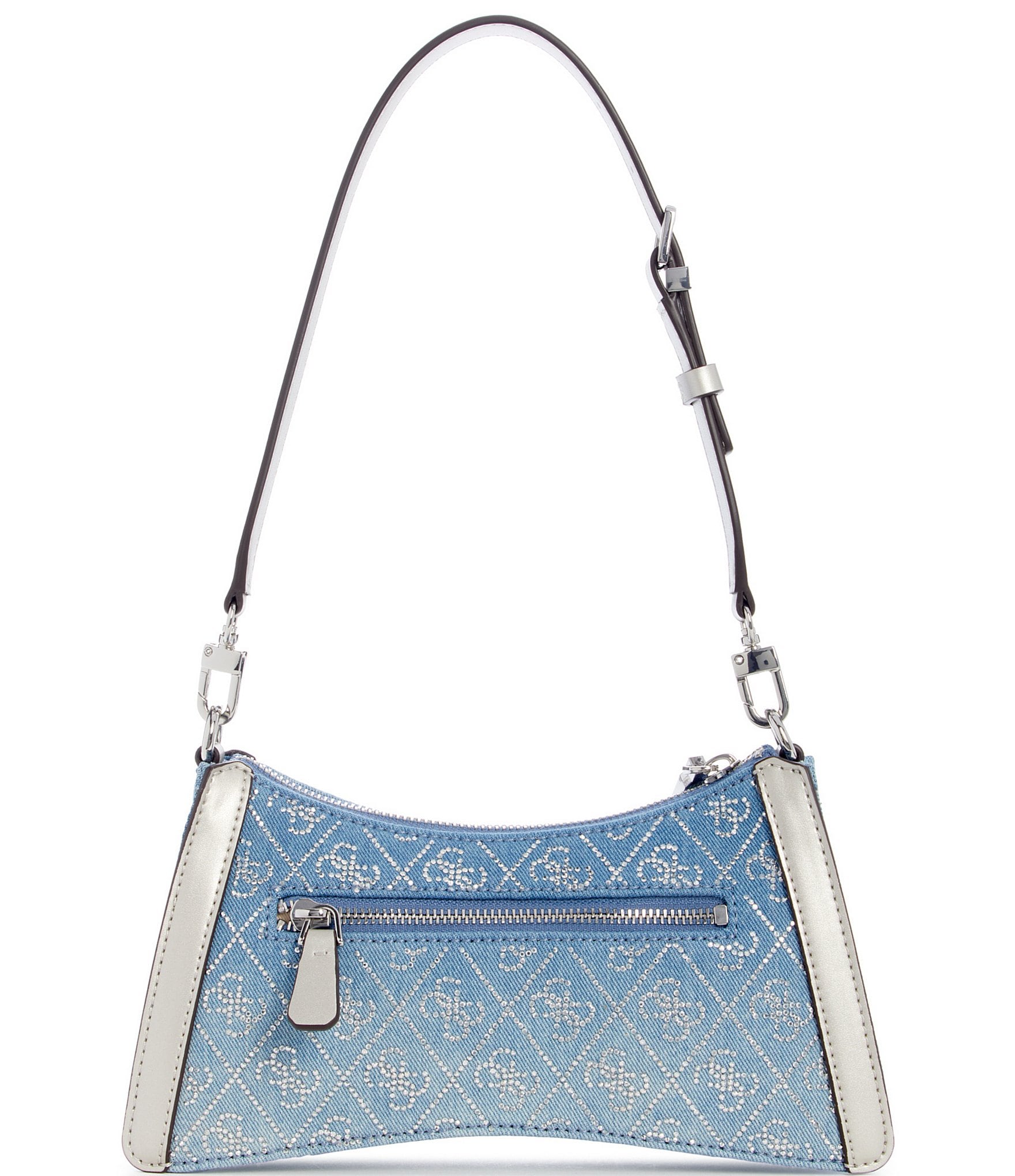 Guess Dili Denim Rhinestone Logo Top Zip Shoulder Bag