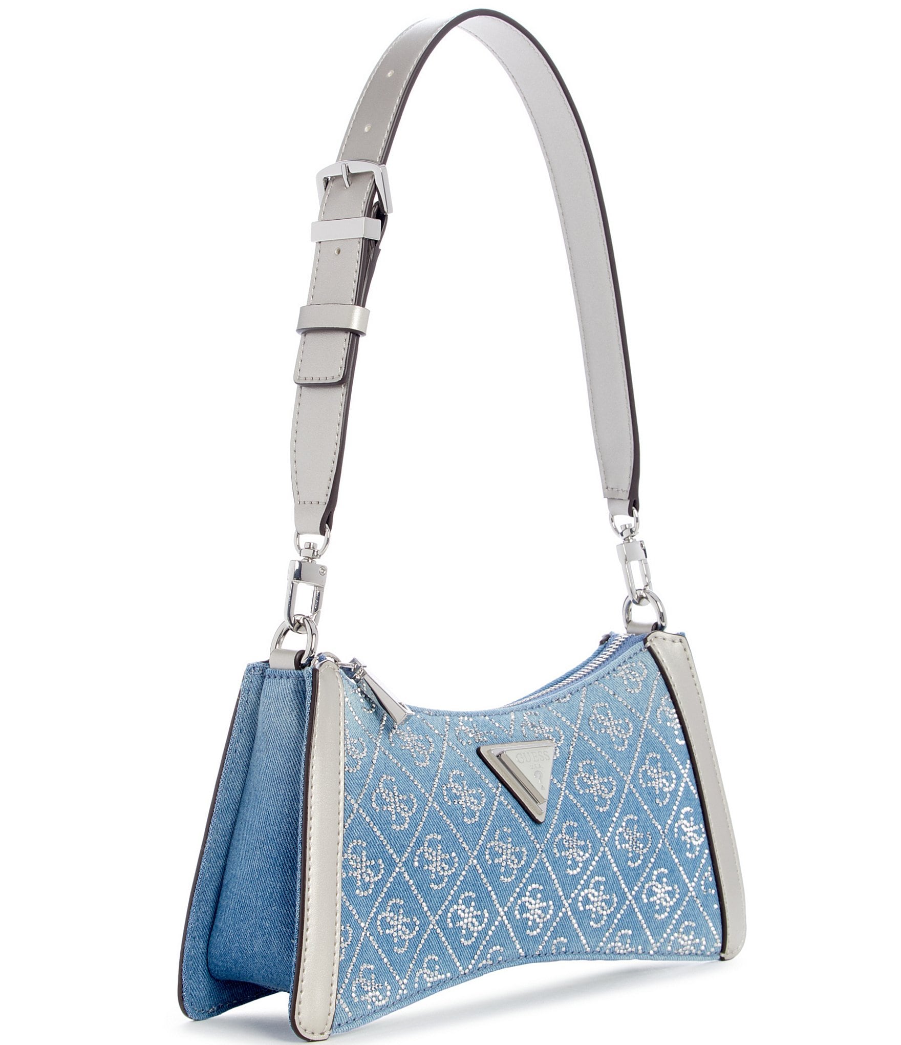 Guess Dili Denim Rhinestone Logo Top Zip Shoulder Bag