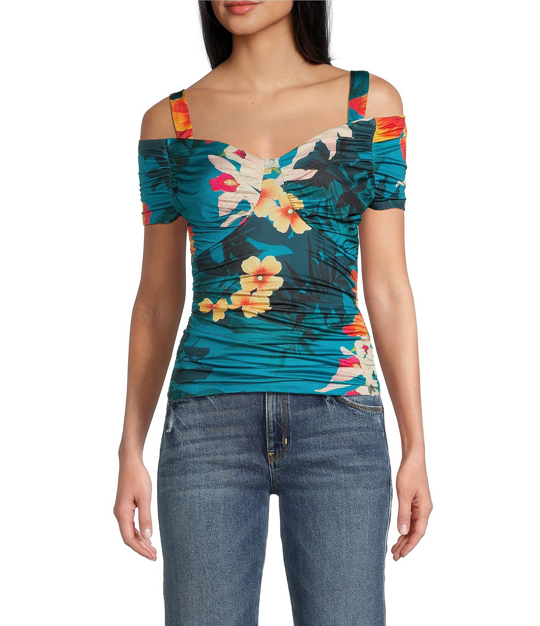 Evolutionary Sweetheart Neck Short Sleeve Cinched Front Top | Dillard's