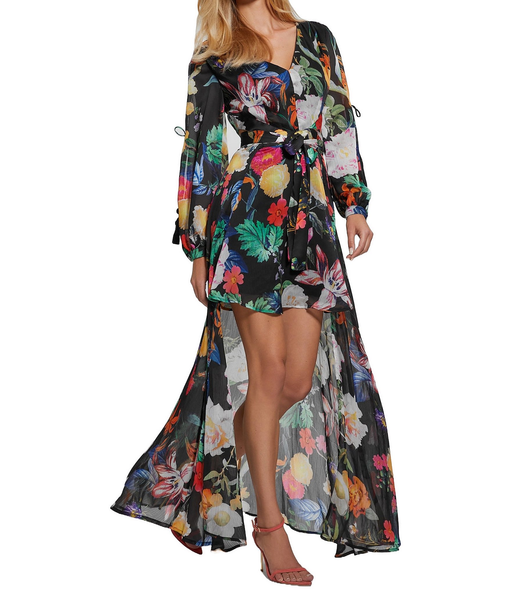 SIENA Floral Print Burnout Chiffon V-Neck Long Sleeve Faux